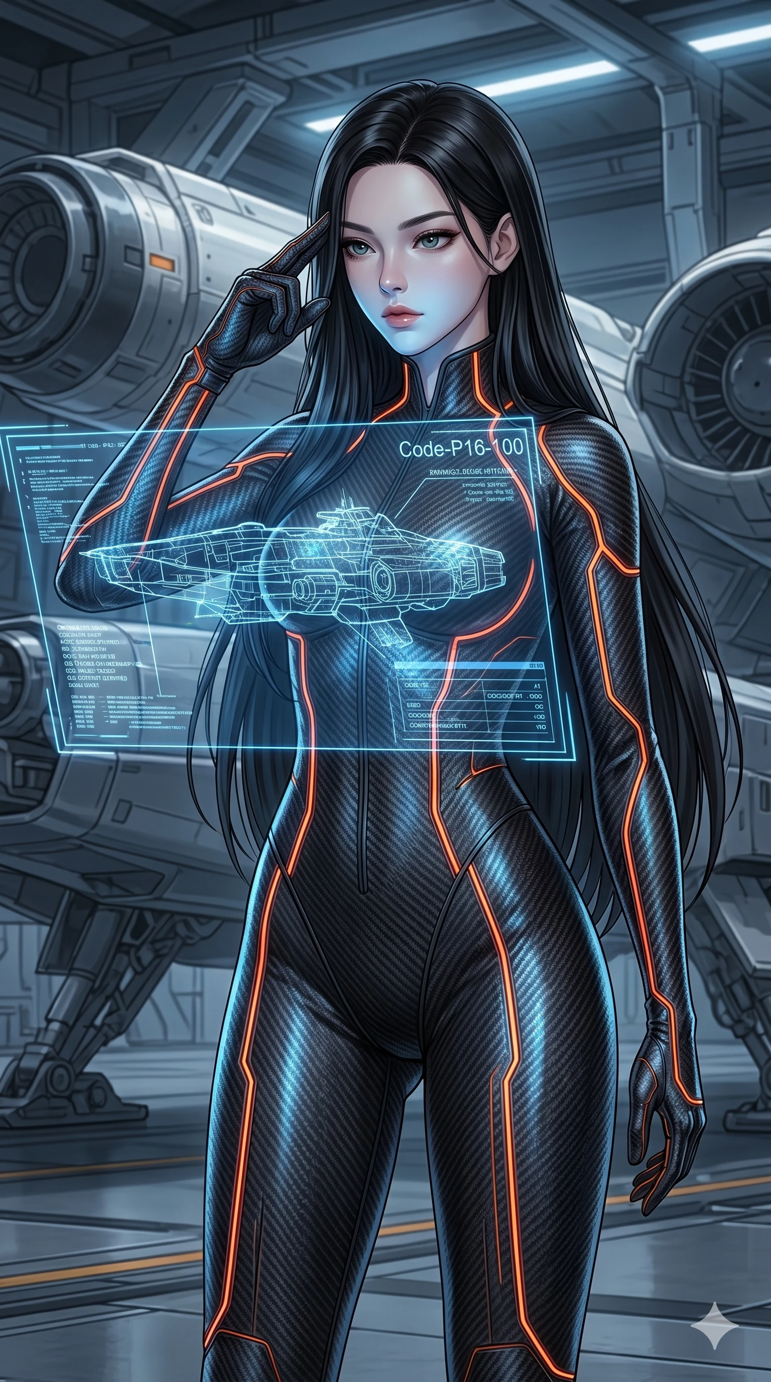 score_9, masterpiece, best quality, ultra-detailed, high-budget anime keyframe, editorial fashion photography, tasteful artistic composition, Korean woman. cowboy shot from the thighs up, character and outfit filling the frame for maximum editorial presence. pressing two fingers to her temple, looking at the hologram with quiet, sharp focus in a high-tech hangar bay with a holographic blueprint of a starship (Code-P16-100). She has an absolutely perfect 8-heads proportion, an exceptionally tall and slender female figure with impossibly long slender legs and an ultra-slim waist. V-shaped jawline, high-bridge nose, intricate jewel-like eyes with depth, thick eyelashes, glossy lips with a natural sheen. wearing a second-skin carbon fiber combat suit with neon orange seams and a glove-like fit. cool blue light from the hologram reflecting off her skin and matte suit textures. 2k, ultra detail, master piece, 9:16 ratio