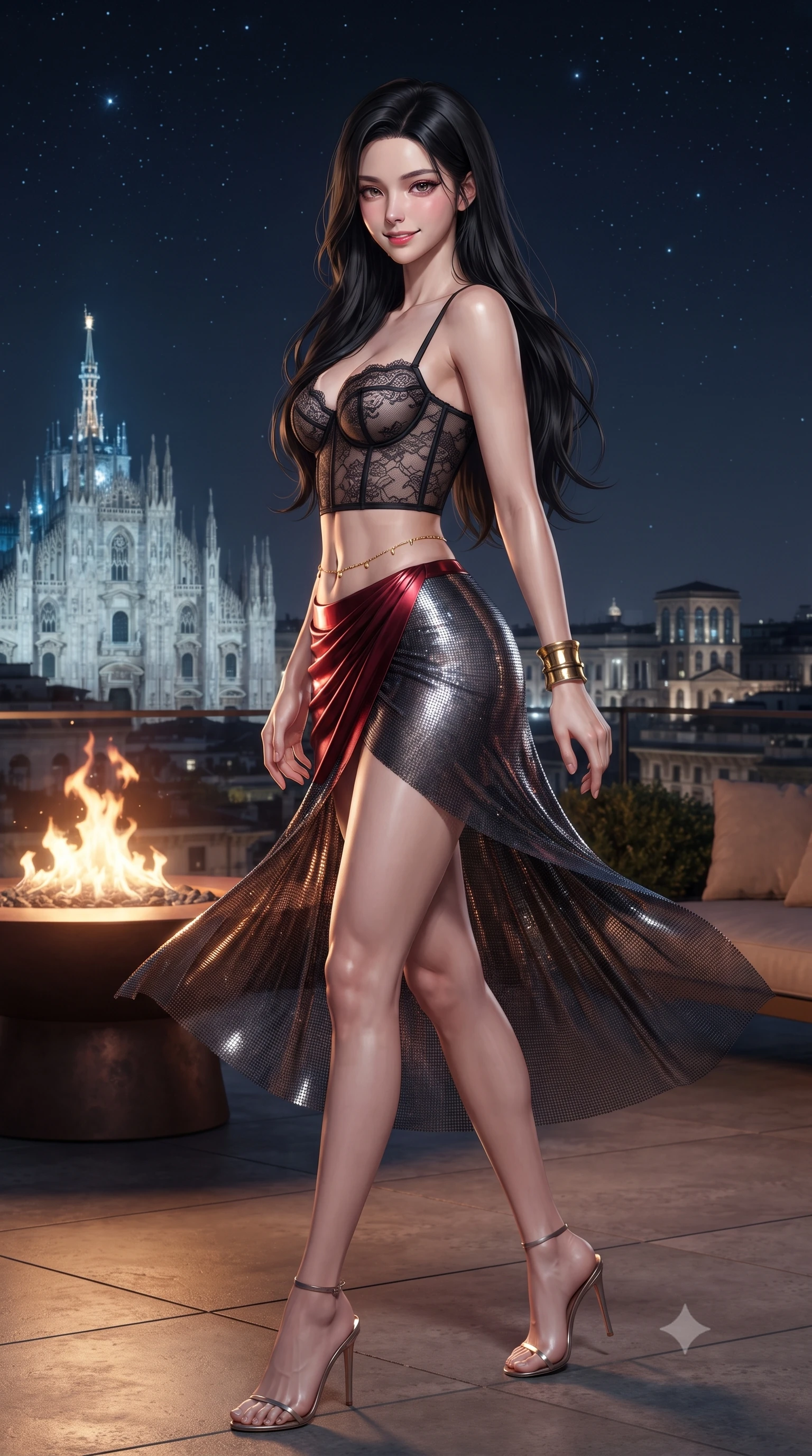 score_9, masterpiece, best quality, ultra-detailed, high-budget anime keyframe, editorial fashion photography, tasteful artistic composition, Korean woman. low angle full-body shot from head to toe showing her feet, filling the entire 9:16 vertical frame with her statuesque presence, stretching her vertical silhouette. executing a slow, graceful pivot turn as her skirt sways around her slender legs, glancing back with an enchanting, teasing sensual expression while lounging across the low-profile designer leather daybed propped on one elbow, her flat midriff commanding the historic Milan skyline. The surrounding environment is rendered in vivid detail and crisp panoramic clarity: detailed form-fitting liquid jersey gown tailoring, gold cuff bracelet shine, and bespoke Italian design in razor-sharp precision. She has an absolutely perfect, statuesque 8.5-heads proportion, an exceptionally tall and slender model-like female figure with impossibly long slender legs, an ultra-slim waist, a flat toned midriff, narrow delicate ribcage, and beautifully sculpted feminine hips creating a graceful, slim hourglass silhouette without any bulky heaviness. sharp v-shaped jawline, high-bridge nose, sparkling eyes with hypnotic seductive depth, thick curled eyelashes, glossy parted lips with a natural dewy peach sheen, alluring bedroom-eyes with an enchanting coquettish smile, exuding magnetic siren charisma and sophisticated glamour, flawlessly proportioned anatomical accuracy, strict slender model proportions, natural body alignment, perfectly sculpted long slender limbs, ultra-slim waistline, clean dynamic posture without body distortion. wearing a sculpted underwire demi-bustier in semi-sheer lace paired with an ultra-short draped tulip skirt in rich cherry lacquer and smoky charcoal, crafted from shimmering fluid chainmail mesh reflecting ambient lights, accented with a dainty gold belly chain resting across her flat midriff and curving hips, the liquid-tight tailored fabric clinging flawlessly to her narrow waist and rounded feminine hips, emphasizing every millimeter of her sculpted slim hourglass curves without any bulky heaviness. bathed in the warm dancing glow of the bronze fire table paired with cool starlight and Duomo floodlights. ultra-reflective glossy finish, specular highlights, rich textural contrasts, high-contrast stereoscopic depth, volumetric dynamic lighting, 2k, ultra detail, master piece, 9:16 ratio