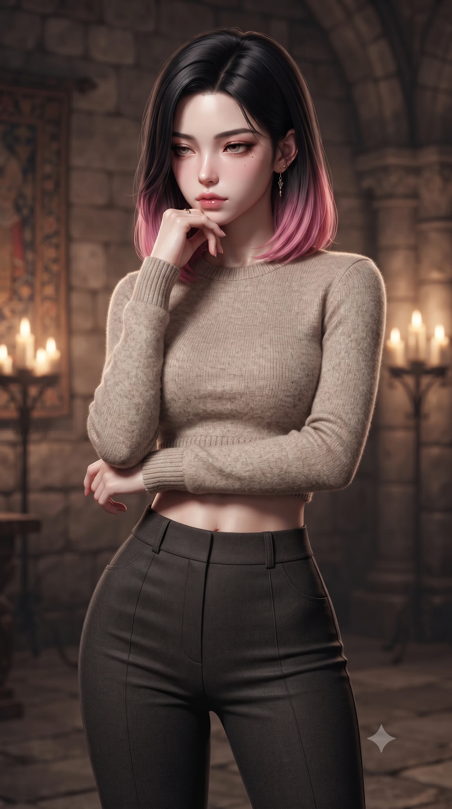score_9, masterpiece, best quality, ultra-detailed, high-budget anime keyframe, editorial fashion photography, tasteful artistic composition, Korean woman woman. close-up cowboy shot from the waist and thighs up, the character dominates the composition, filling the frame with her large presence, background elements kept in soft focus. resting her chin on the backs of her fingers, casting a heavy-lidded, sultry look past the camera the background shows a soft-focus an old stone castle chamber with tapestries and candle stands. She has an exceptionally elegant, slender, and willowy female figure with an ultra-slim waist, a gracefully sculpted slender torso, and a refined silhouette. sharp v-shaped jawline, high-bridge nose, intricate jewel-like eyes with depth, thick eyelashes, glossy lips with a natural sheen. wearing a tailored tight-fitting crop sweater in oatmeal wool, paired with high-waisted form-fitting pants. warm flickering candle lights casting dramatic shadows on the stone walls. ultra-reflective glossy finish, specular highlights, metallic sheen, high-contrast stereoscopic depth, volumetric dynamic lighting, 2k, ultra detail, master piece, 9:16 ratio