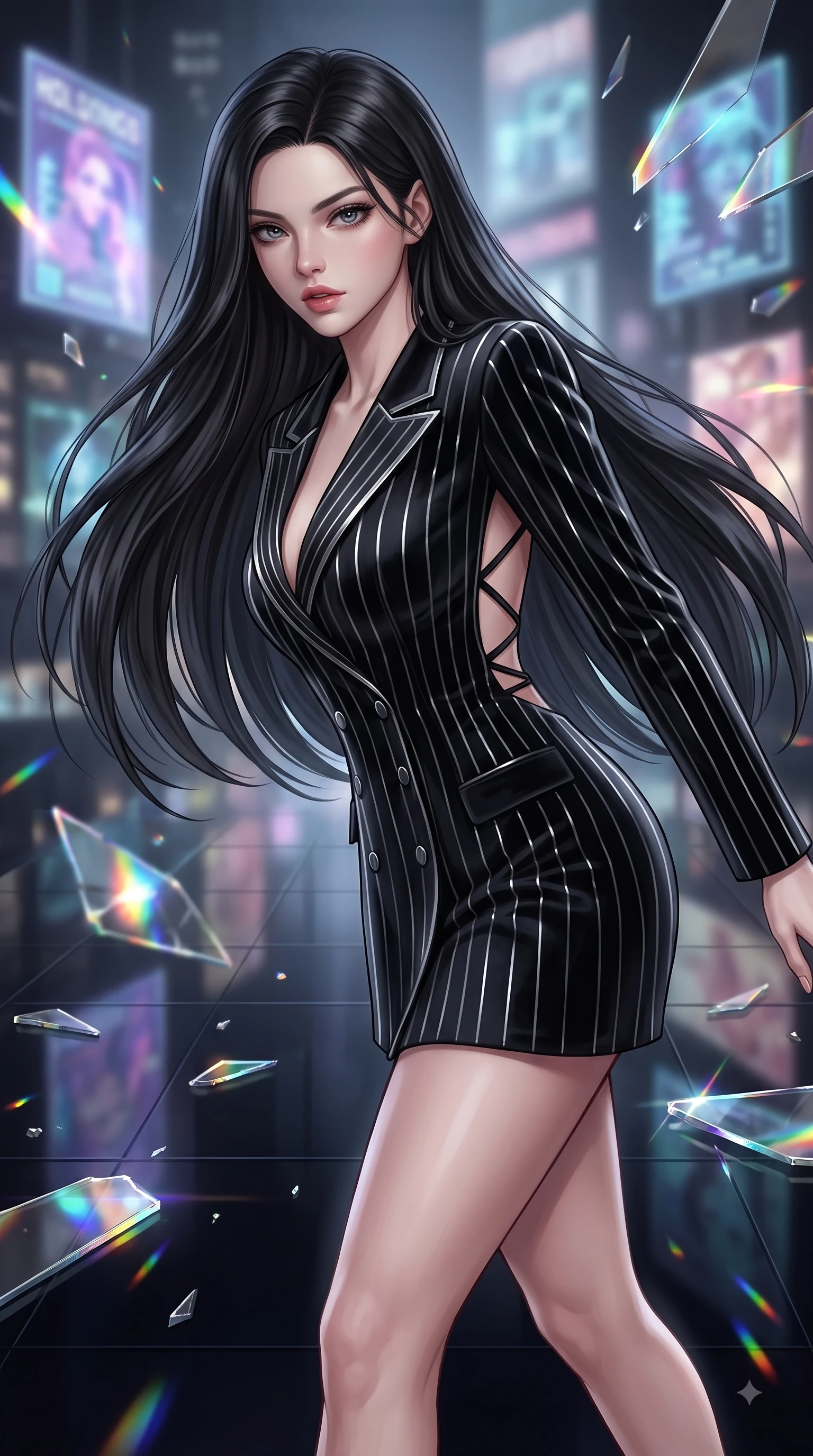score_9, masterpiece, best quality, ultra-detailed, high-budget anime keyframe, editorial fashion photography, tasteful artistic composition, Korean woman. close-up cowboy shot from the waist and thighs up, the character dominates the composition, filling the frame with her large presence, background elements kept in soft focus. Leaning forward gracefully with lips parted, casting a smoldering magnetic gaze directly into the lens while stepping across a polished obsidian floor reflecting holographic billboards in mid-air, shattered mirror bar fragments scattering brilliant rainbow specular highlights. She has an exceptionally elegant, slender, and willowy female figure with an ultra-slim waist, a gracefully sculpted slender torso, and a refined silhouette. sharp v-shaped jawline, high-bridge nose, intricate jewel-like eyes with depth, thick eyelashes, glossy lips with a natural sheen, flawlessly proportioned anatomical accuracy, natural body alignment, perfectly sculpted elegant limbs, clean dynamic posture without body distortion. wearing a double-breasted blazer dress with subtle metallic pin-stripes in matte black and polished silver, made of premium stretch velvet with a rich sheen, complemented by criss-cross back straps highlighting her bare shoulders, the tailored fabric tightly following every curve of her athletic build. surrounded by a high-energy, seductive cyberpunk nightlife ambiance. ultra-reflective glossy finish, specular highlights, metallic sheen, high-contrast stereoscopic depth, volumetric dynamic lighting, 2k, ultra detail, master piece, 9:16 ratio
