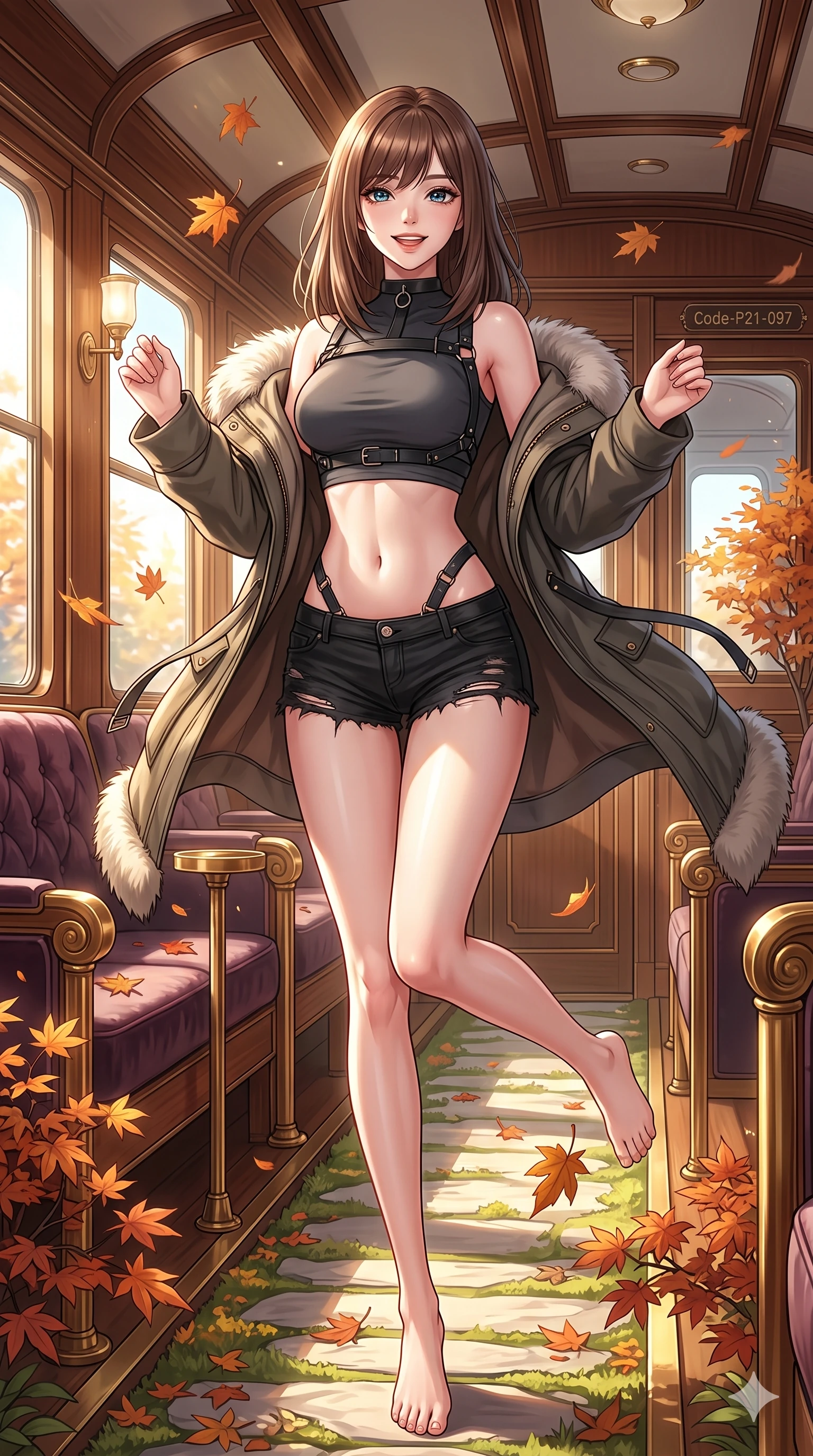 score_9, masterpiece, best quality, ultra-detailed, high-budget anime keyframe, vibrant anime aesthetic, Korean woman. cowboy shot from the thighs up, character and outfit filling the frame for maximum presence. She is standing in a garden path, smiling delightfully as autumn leaves fall around her inside a luxury train lounge car in the winter sun (Code-P21-097). She has an absolutely perfect 8-heads proportion, an exceptionally tall and slender female figure with impossibly long slender legs and an ultra-slim waist. V-shaped jawline, high-bridge nose, intricate jewel-like eyes with depth, thick eyelashes, glossy lips with a natural sheen. wearing a harness over a crop top exposing bare midriff and micro-shorts in winter. She is illuminated by a brilliant midday winter sun, highlighting her athletic figure and smile. 2k, ultra detail, master piece, 9:16 ratio