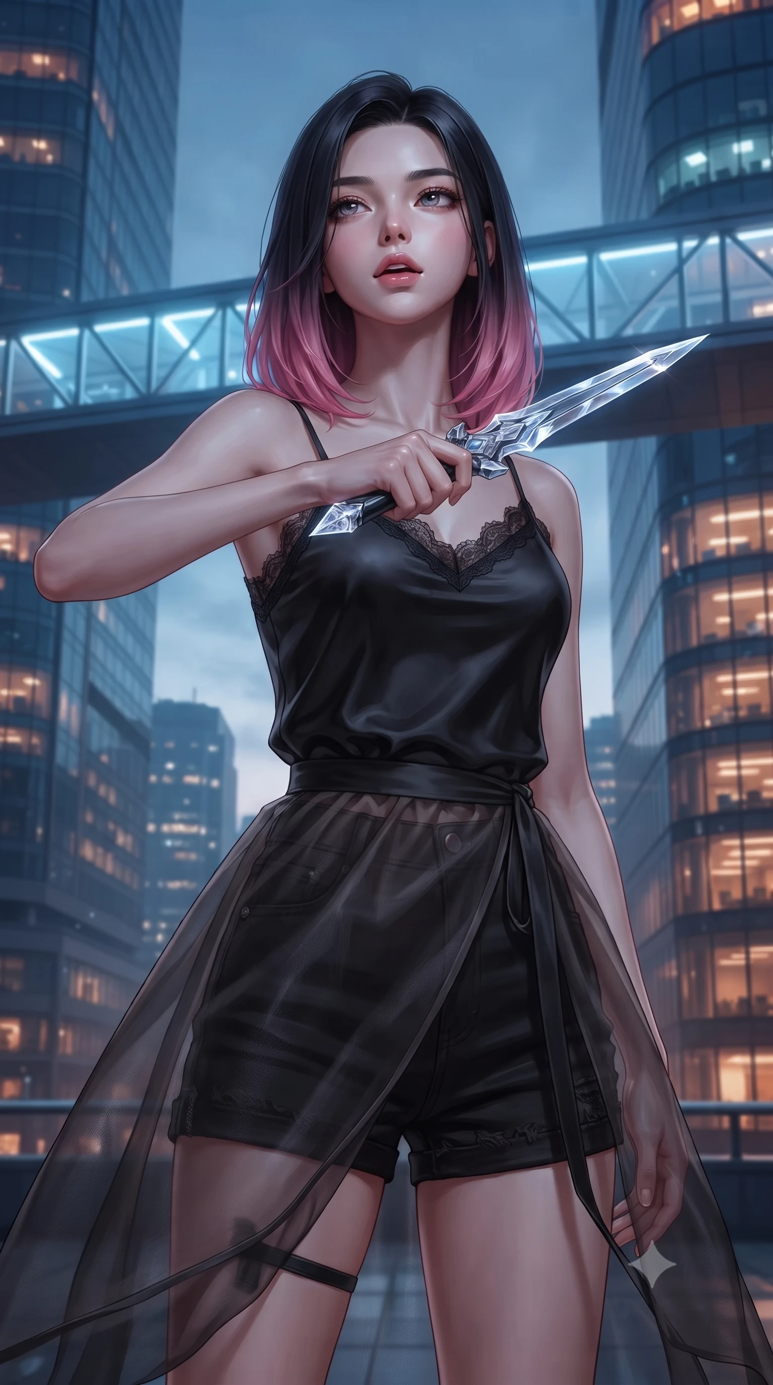 score_9, masterpiece, best quality, ultra-detailed, high-budget anime keyframe, editorial fashion photography, tasteful artistic composition, Korean woman. close-up cowboy shot from the waist and thighs up, the character dominates the composition, filling the frame with her large presence, background elements kept in soft focus. pointing a crystal-edged laser dagger forward in a defensive stance, tilting her chin up slightly with lips parted in a composed pose, the background shows a soft-focus a futuristic skybridge connecting two massive glass skyscrapers at dusk. She has an exceptionally elegant, slender, and willowy female figure with an ultra-slim waist, a gracefully sculpted slender torso, and a refined silhouette. sharp v-shaped jawline, high-bridge nose, intricate jewel-like eyes with depth, thick eyelashes, glossy lips with a natural sheen. wearing a body-hugging delicate lace-trim camisole in black silk, paired with a sheer organza wrap skirt and combat shorts. cool twilight key light contrasting with the warm amber glow of internal office windows. ultra-reflective glossy finish, specular highlights, metallic sheen, high-contrast stereoscopic depth, volumetric dynamic lighting, 2k, ultra detail, master piece, 9:16 ratio