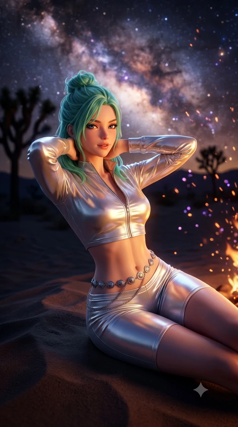 score_9, masterpiece, best quality, ultra-detailed, high-budget anime keyframe, semi-realistic 3D game render, editorial fashion photography, tasteful artistic composition, Japanese woman. close-up cowboy shot from the waist and thighs up, the character dominates the composition, filling the frame with her large presence. resting both hands lightly behind her neck with elbows raised, arching her spine to highlight her narrow waist, flat midriff, and breathtaking collarbones while reclining on her side in an elegant Cleopatra pose on the soft sand dune, the dramatic contour of her rounded hips and long slender legs commanding the vertical frame under starlight. The background shows a soft-focus the dense glowing band of the Milky Way, silhouetted Joshua trees, and dancing fire sparks blurred into amethyst, amber, and diamond starlight bokeh. She has an exceptionally elegant, slender, and willowy female figure with an ultra-slim waist, flat toned midriff, narrow ribcage, and sculpted feminine hips creating an alluring, slim hourglass silhouette without bulk. sharp v-shaped jawline, high-bridge nose, sparkling eyes with hypnotic seductive depth, thick curled eyelashes, glossy parted lips with a natural dewy peach sheen, alluring bedroom-eyes with an enchanting coquettish smile, exuding magnetic siren charisma and sophisticated glamour, flawlessly proportioned anatomical accuracy, strict slender model proportions, natural body alignment, perfectly sculpted long slender limbs, ultra-slim waistline, clean dynamic posture without body distortion. wearing a modern two-piece desert outlaw set featuring a zip-front crop jacket and curve-hugging low-rise biker shorts in shimmering silver mercury and sunlit pearl, made of fluid liquid jersey with seamless sculpting hold and smooth contours, accented with a silver concho belly chain resting across her flat midriff and curving hips, the impeccably tailored cut draping gracefully along her slender figure with aristocratic western poise. bathed in the high-contrast dual lighting of warm flickering firelight on her front and cool celestial diamond starlight on her silhouette. highly saturated vibrant anime colors, detailed shading with soft gradients, rich glossy textures, high-contrast stereoscopic depth, volumetric dynamic lighting, master piece, 9:16 ratio