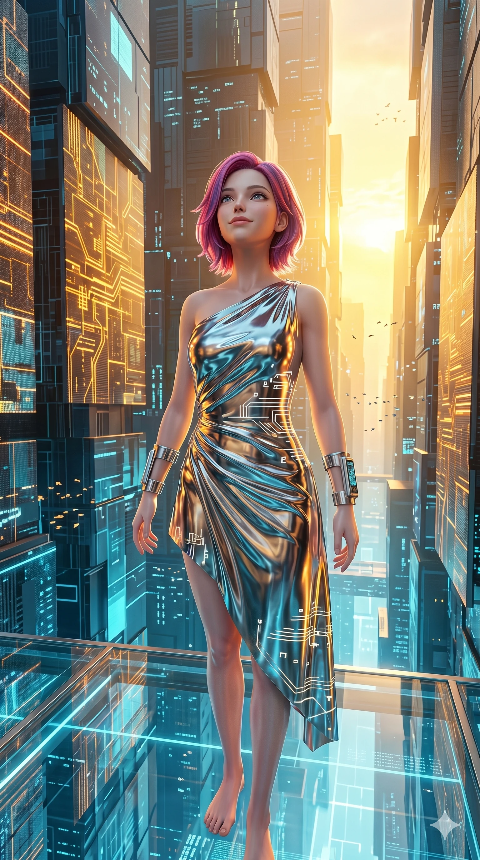 score_9, masterpiece, best quality, ultra-detailed, high-budget anime keyframe, semi-realistic 3D game render, Caucasian woman, strictly human ears. Upper body close-up from the thighs up, character filling the screen for maximum presence. Standing on a glass platform in a digital canyon, looking up at the towering digital walls with a serene, peaceful smile. She is wearing an asymmetrical dress in liquid-chrome finish and silver wrist cuffs. The scene is bathed in the warm yellow light of the canyon sunset. 2k, ultra detail, master piece, 9:16 ratio