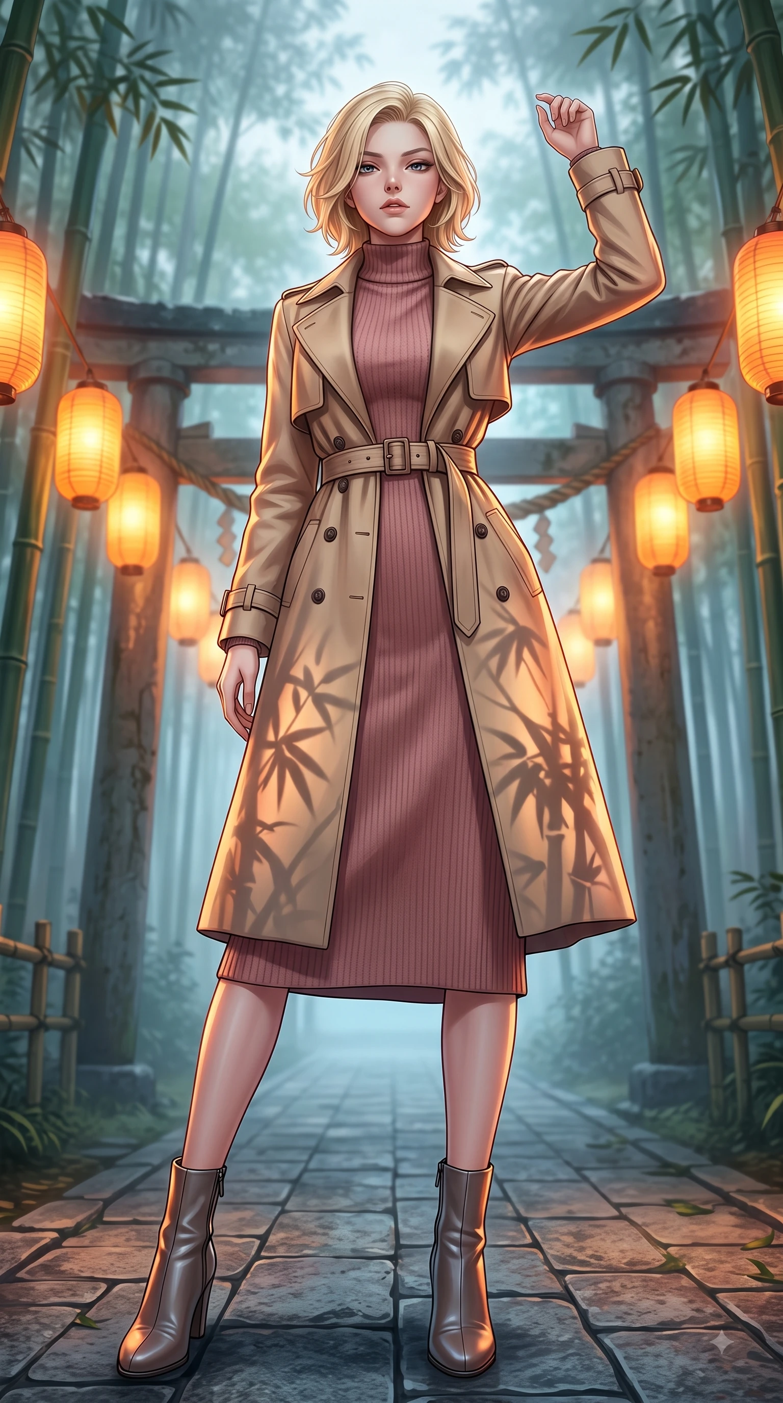 score_9, masterpiece, best quality, ultra-detailed, high-budget anime keyframe, editorial fashion photography, tasteful artistic composition, Caucasian woman woman. low angle full-body shot from head to toe showing her feet, filling the entire 9:16 vertical frame with her statuesque presence, stretching her vertical silhouette. She has an absolutely perfect, statuesque 8.5-heads proportion, an exceptionally tall and slender model-like female figure with impossibly long slender legs and an ultra-slim waist. standing victorious in a commanding statuesque pose, filling the frame with her slender presence, flawlessly proportioned anatomical accuracy, natural body alignment, perfectly sculpted elegant limbs, clean dynamic posture without body distortion. set against a soft-focus background of a misty bamboo torii shrine path with glowing paper lanterns. wearing a classic tailored trench coat over a high-neck dusty rose knit midi dress. bathed in warm amber lantern light casting soft organic bamboo leaf stencil shadows. highly saturated vibrant anime colors, detailed shading with soft gradients, rich glossy textures, high-contrast stereoscopic depth, volumetric dynamic lighting, master piece, 9:16 ratio