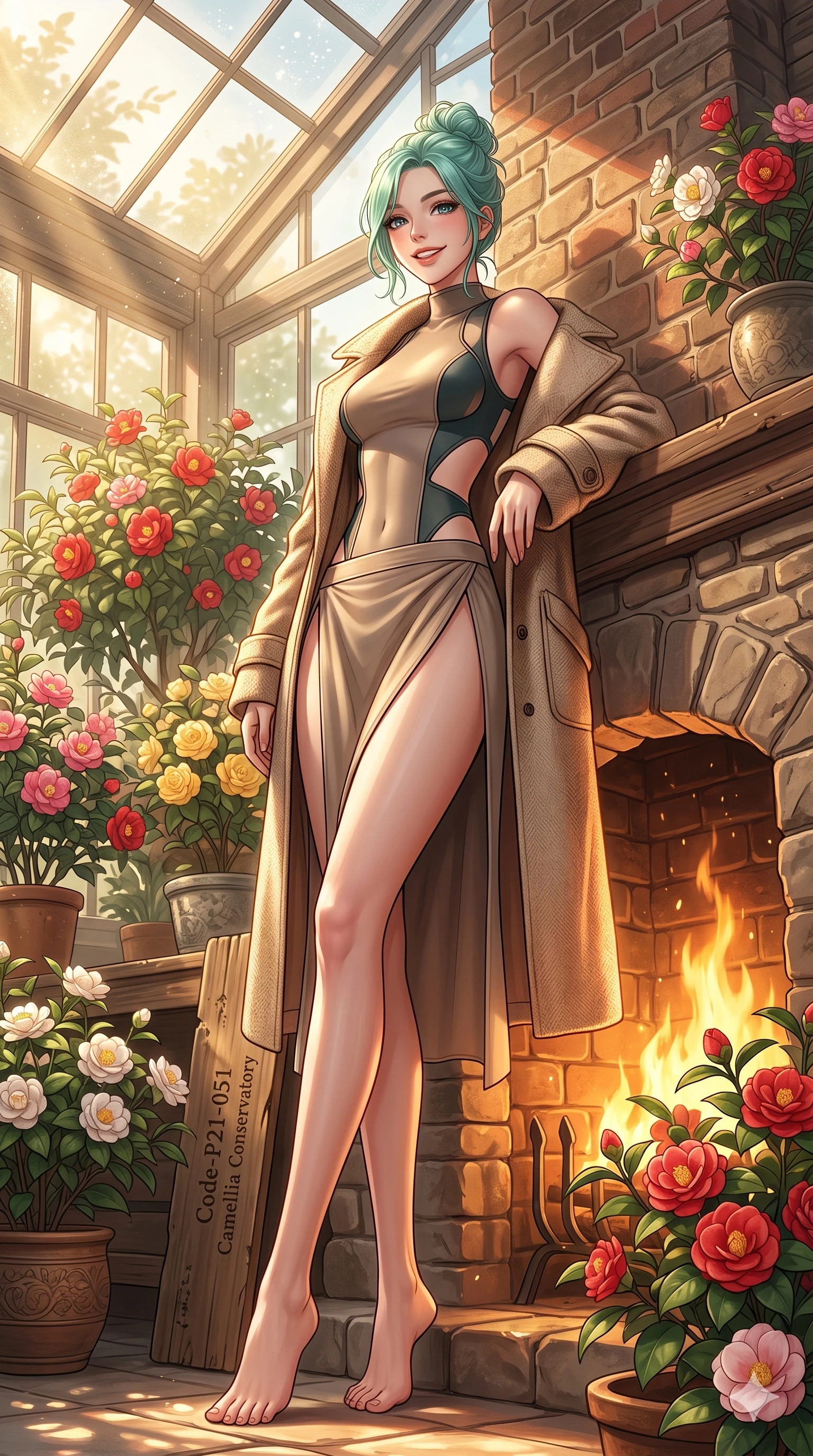 score_9, masterpiece, best quality, ultra-detailed, high-budget anime keyframe, vibrant anime aesthetic, Japanese woman. low angle full-body shot from head to toe showing her feet, filling the entire 9:16 vertical frame with her statuesque presence, stretching her vertical silhouette. She is leaning against a warm fireplace wall, smiling with a lively and glowing face inside a spacious sunlit conservatory filled with camellias (Code-P21-051). She has an absolutely perfect 8-heads proportion, an exceptionally tall and slender female figure with impossibly long slender legs and an ultra-slim waist. V-shaped jawline, high-bridge nose, intricate jewel-like eyes with depth, thick eyelashes, glossy lips with a natural sheen. wearing a neoprene bodysuit featuring side cut-outs and a high-slit wrap in winter. She is illuminated by warm, golden sun rays highlighting the textures of her cozy coat. 2k, ultra detail, master piece, 9:16 ratio