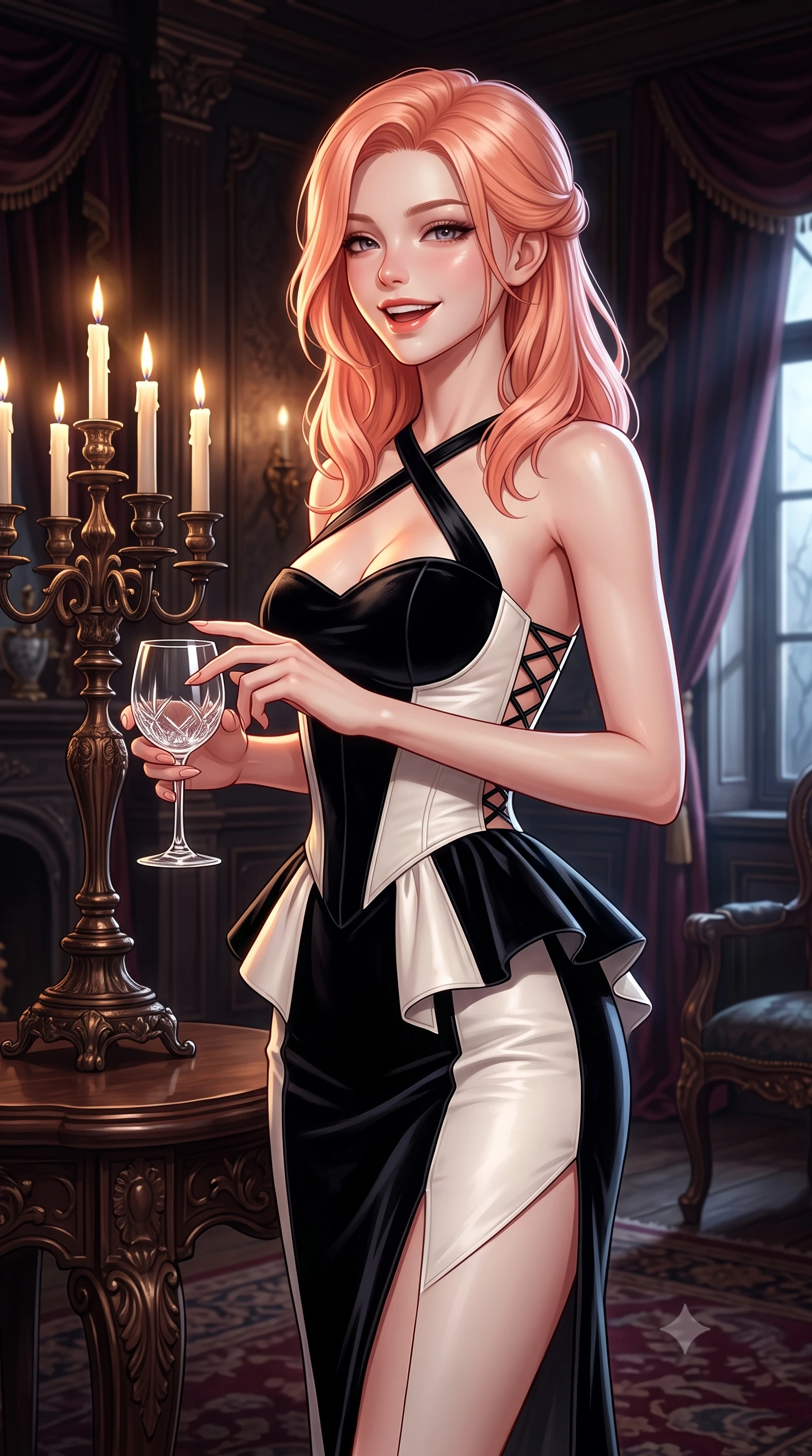score_9, masterpiece, best quality, ultra-detailed, high-budget anime keyframe, semi-realistic 3D game render, editorial fashion photography, tasteful artistic composition, Japanese woman. close-up cowboy shot from the waist and thighs up, the character dominates the composition, filling the frame with her large presence. laughing softly with enchanting, forbidden warmth, parted lips glistening as specular highlights illuminate her sculpted cheeks while standing poised beside the grand candelabra table, slowly running one manicured finger along the rim of her wine glass. The surrounding environment is rendered in vivid detail and crisp panoramic clarity. deep moody chiaroscuro and decadent Victorian vampire sanctuary aesthetics captured with precision. She has an exceptionally elegant, slender, and willowy female figure with an ultra-slim waist, a gracefully sculpted slender torso, toned flat midriff, and a refined slim silhouette. sharp v-shaped jawline, high-bridge nose, intricate jewel-like eyes with depth, thick eyelashes, glossy parted lips with a natural sheen, intensely captivating and seductive expression, flawlessly proportioned anatomical accuracy, strict slender model proportions, natural body alignment, perfectly sculpted long slender limbs, ultra-slim waistline, clean dynamic posture without body distortion. wearing an architectural peplum corset dress with crossed back straps and a high side slit in high-contrast black velvet and pearl white, crafted from supple second-skin lambskin leather with specular sheen, accented with criss-cross corset back lacing highlighting her graceful shoulder blades, the form-contouring material adhering flawlessly to her sculpted flat midriff and slender torso, emphasizing her long leg lines and perfectly proportioned willowy build. surrounded by an opulent, intimate, and irresistibly hypnotic dark romance aura. highly saturated vibrant anime colors, detailed shading with soft gradients, rich glossy textures, high-contrast stereoscopic depth, volumetric dynamic lighting, master piece, 9:16 ratio