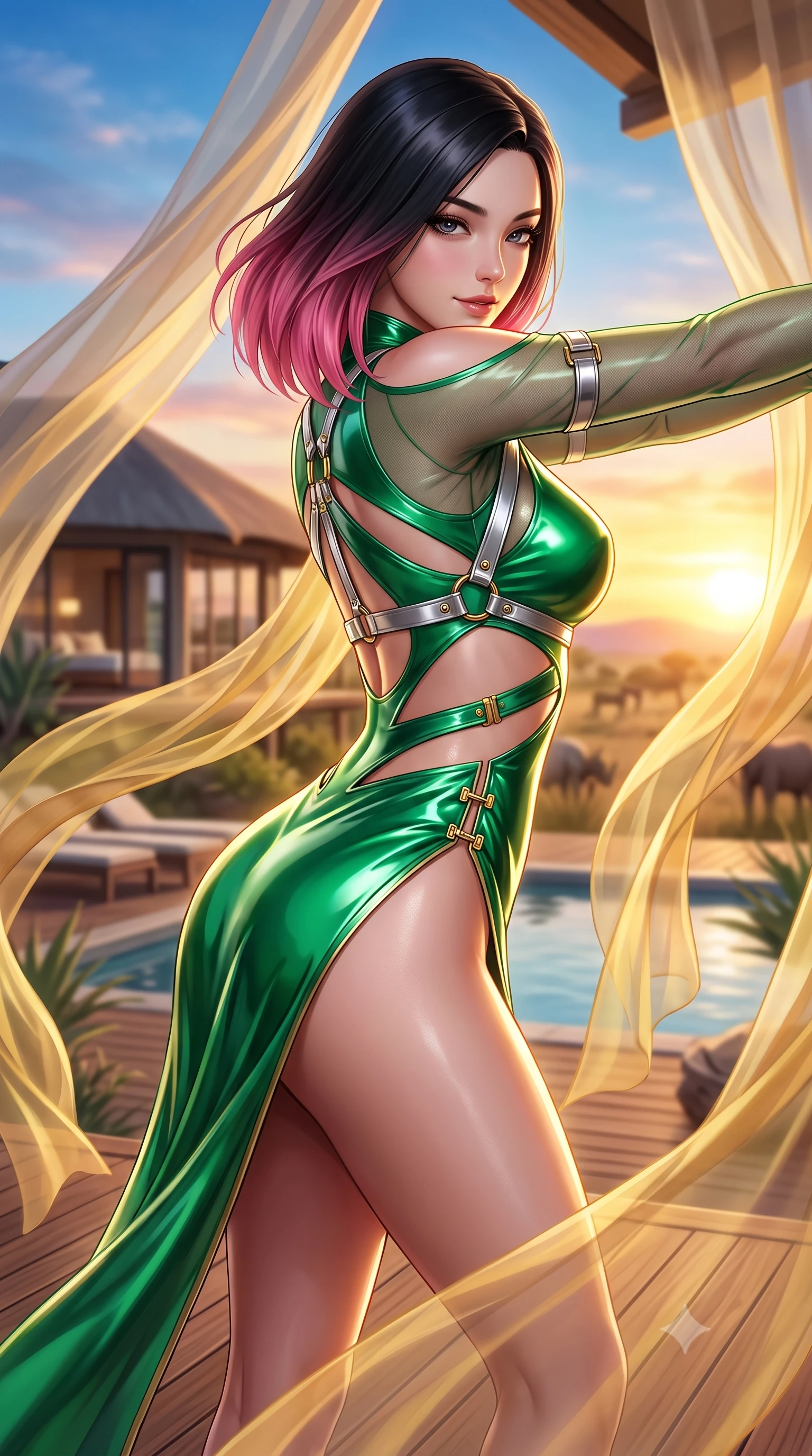 score_9, masterpiece, best quality, ultra-detailed, high-budget anime keyframe, semi-realistic 3D game render, editorial fashion photography, tasteful artistic composition, Korean woman. close-up cowboy shot from the waist and thighs up, the character dominates the composition, filling the frame with her large presence. stretching forward with an alluring arch of her spine, glancing over her shoulder with thick eyelashes and a smoldering half-smile while standing with sovereign grace on a teak viewing deck as golden evening winds billow her sheer chiffon drapes against the sunset. The composition keeps background elements in soft focus with creamy bokeh. modern safari lodge architecture and plunge pool waters softened in atmospheric shallow focus. She has an exceptionally elegant, slender, and willowy female figure with an ultra-slim waist, a gracefully sculpted slender torso, toned flat midriff, and a refined slim silhouette. sharp v-shaped jawline, high-bridge nose, intricate jewel-like eyes with depth, thick eyelashes, glossy lips with a natural sheen, flawlessly proportioned anatomical accuracy, strict slender model proportions, natural body alignment, perfectly sculpted long slender limbs, ultra-slim waistline, clean dynamic posture without body distortion. wearing an ultra-sleek high-cut tech-bodysuit featuring dangerous diagonal slitted cutouts on the midriff and shoulders, reinforced by a metallic silver harness and sheer mesh sleeves in bright emerald green satin and gold hardware, formed from high-gloss patent material with specular light reflections, finished with an ultra-high side slit secured by miniature magnetic clasps, the liquid-tight tailored fabric emphasizing every curve of her tall, slender model proportions and sculptured silhouette during dynamic movement. illuminated by crisp golden rim highlights sharply defining her ultra-slim waist, long legs, and flat midriff. highly saturated vibrant anime colors, detailed shading with soft gradients, rich glossy textures, high-contrast stereoscopic depth, volumetric dynamic lighting, master piece, 9:16 ratio