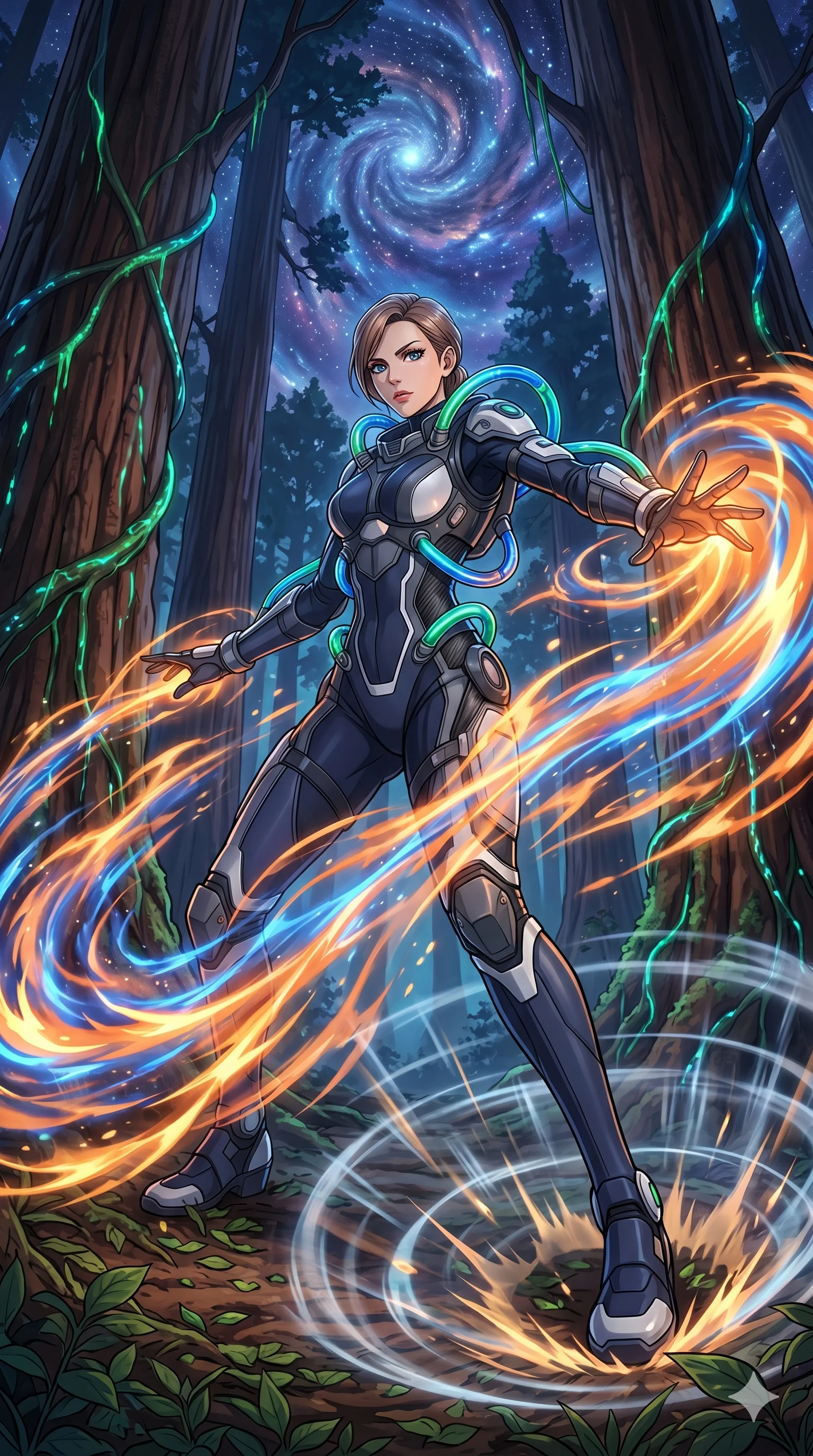 score_9, masterpiece, best quality, ultra-detailed, Set A: High-budget Anime Keyframe, Caucasian (human ears) woman. Low angle cowboy shot filling the entire 9:16 frame with her statuesque presence. Theme: Primal Nature. unleashing a massive energy wave in a giant redwood forest with glowing vines, as she steps on ripples of time that distort the space 101. The atmosphere is filled with a swirling vortex of stars. She has an absolutely perfect 8-heads proportion, an exceptionally tall and slender female figure with impossibly long slender legs and an ultra-slim waist. Sharp v-shaped jawline, high-bridge nose, intricate jewel-like eyes with depth, glossy lips. Wearing Interstellar pilot suit with glowing oxygen-tubes and a sleek carbon-fiber frame. Cinematic lighting, vivid colors, dramatic shadows, 2k, ultra detail, master piece, 9:16 ratio
