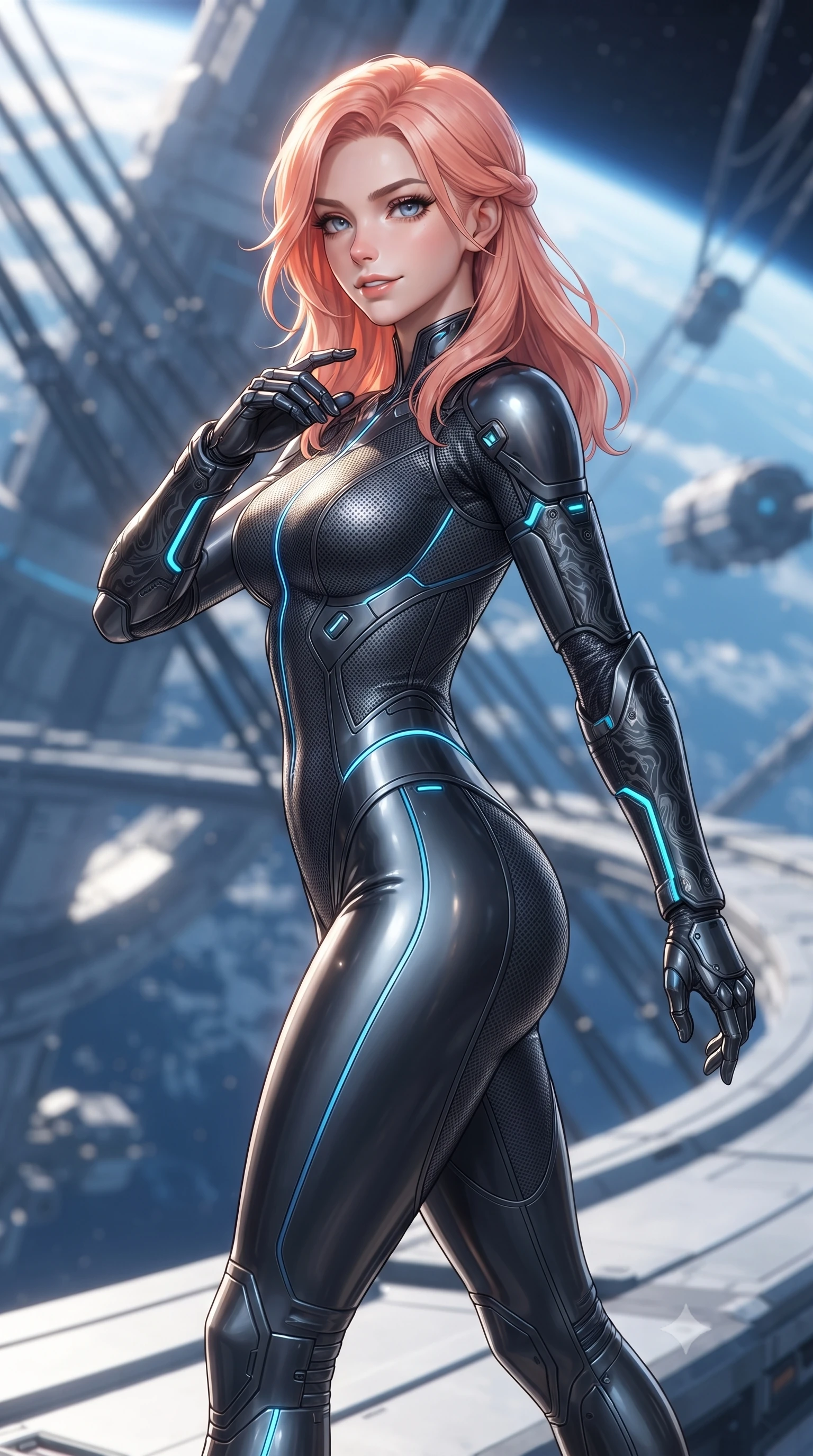score_9, masterpiece, best quality, ultra-detailed, high-budget anime keyframe, editorial fashion photography, tasteful artistic composition, Japanese woman. close-up cowboy shot from the waist and thighs up, the character dominates the composition, filling the frame with her large presence. resting one hand in a defensive deflective posture while glancing over her shoulder with thick eyelashes and a confident, smoldering combat half-smile while striding gracefully along the outer perimeter ring with arms held in loose, relaxed Panzer Kunst mastery. The composition keeps background elements in soft focus with creamy bokeh. massive space elevator cable arrays and transit pods softened in smooth atmospheric depth. She has an exceptionally elegant, slender, and willowy female figure with an ultra-slim waist, a gracefully sculpted slender torso, toned flat midriff, and a refined slim silhouette. sharp v-shaped jawline, high-bridge nose, intricate jewel-like eyes with depth, thick eyelashes, glossy lips with a natural sheen, flawlessly proportioned anatomical accuracy, strict slender model proportions, natural body alignment, perfectly sculpted long slender limbs, ultra-slim waistline, clean dynamic posture without body distortion. wearing an aerodynamic dark titanium carbon-mesh jumper with glowing blue fiber lines and reinforced Damascus-pattern arm guards in matte obsidian carbon black with electric cyan conduits, made of liquid carbon-jersey fabric adhering flawlessly to her sculpted silhouette, finished with high-mobility flexible limb seams and miniature magnetic armor locks, the sleek second-skin cut tightly hugging her graceful clavicle, narrow waist, and feminine curves with athletic precision. bathed in dazzling high-noon orbital sunlight and rich blue Earth ambient bounce light. ultra-reflective glossy finish, specular highlights, dark metallic sheen, high-contrast stereoscopic depth, volumetric dynamic lighting, 2k, ultra detail, master piece, 9:16 ratio