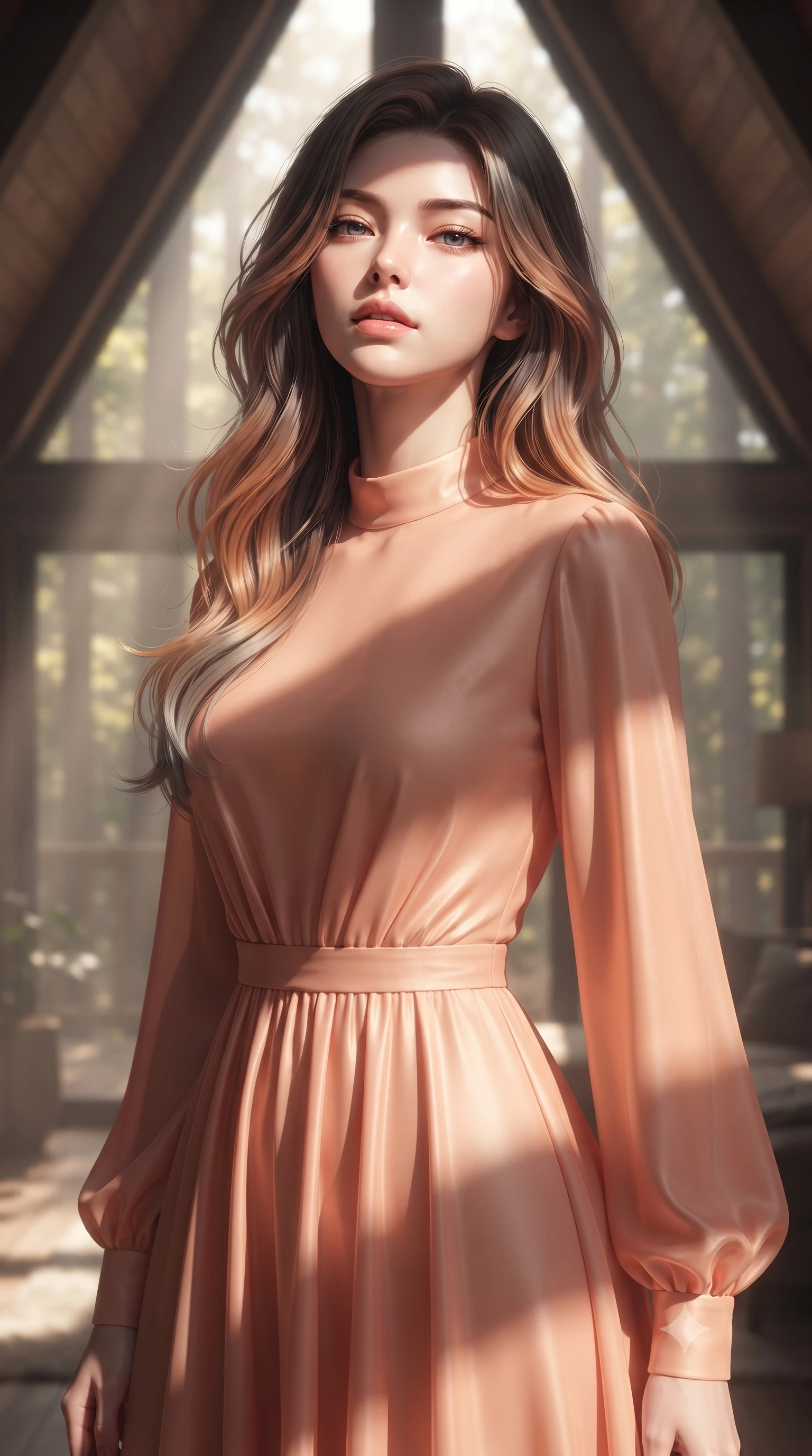 score_9, masterpiece, best quality, ultra-detailed, high-budget anime keyframe, editorial fashion photography, tasteful artistic composition, Korean woman. close-up cowboy shot from the waist and thighs up, the character dominates the composition, filling the frame with her large presence, background elements kept in soft focus. tilting her chin up slightly with lips parted in a composed, provocative expression the background shows a soft-focus the interior of an A-frame cabin cabin with large triangular windows showing forest. She has an exceptionally elegant, slender, and willowy female figure with an ultra-slim waist, a gracefully sculpted slender torso, and a refined silhouette. sharp v-shaped jawline, high-bridge nose, intricate jewel-like eyes with depth, thick eyelashes, glossy lips with a natural sheen. wearing a tailored flowy peach-colored chiffon lounge gown with long sleeves and a modest high collar. stark afternoon sunbeams slicing through a window, creating chiaroscuro shadows. ultra-reflective glossy finish, specular highlights, metallic sheen, high-contrast stereoscopic depth, volumetric dynamic lighting, 2k, ultra detail, master piece, 9:16 ratio