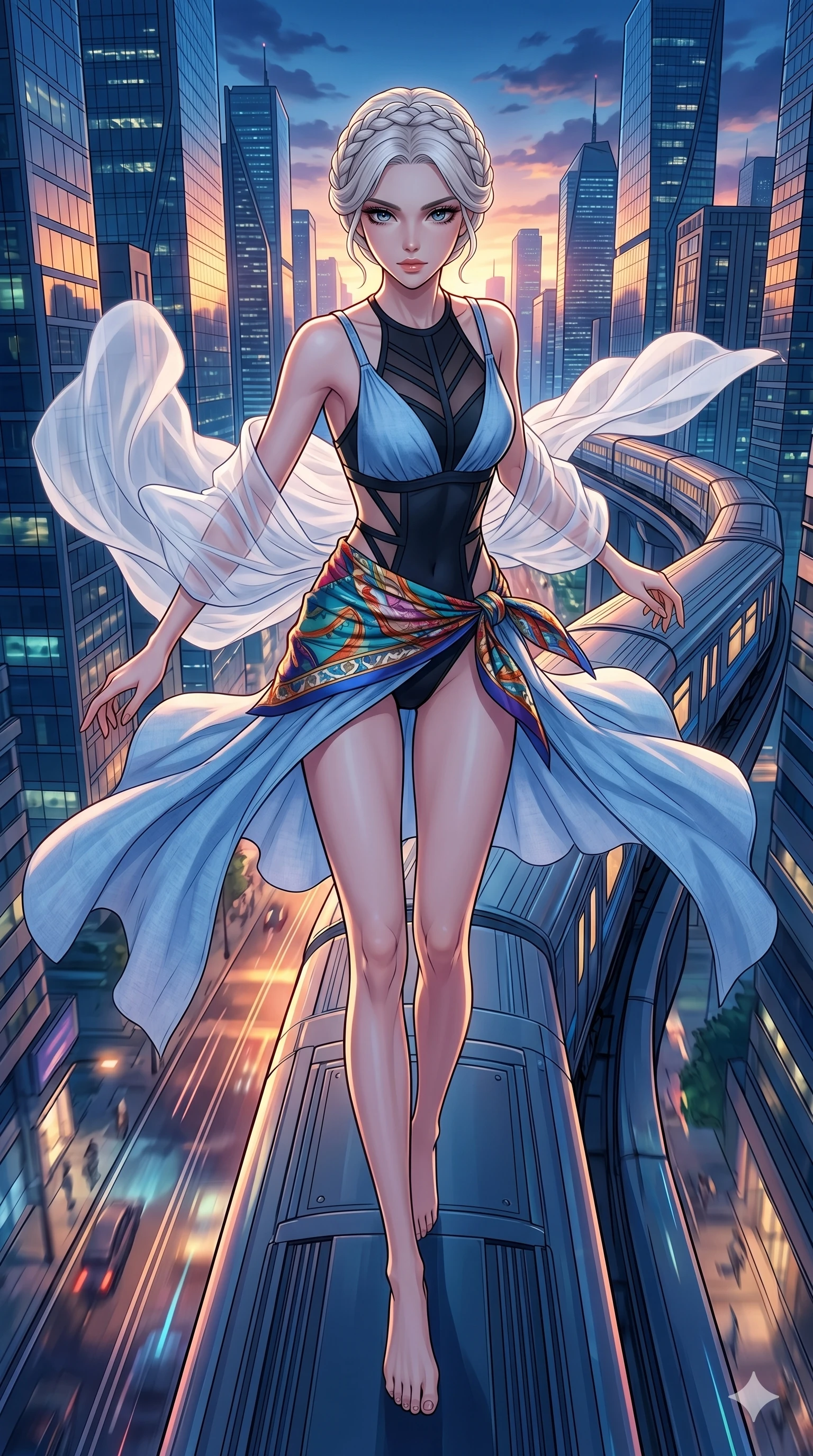 score_9, masterpiece, best quality, ultra-detailed, high-budget anime movie keyframe, cinematic anime lighting, intricate line art, Japanese anime girl. Extreme high angle shot as she leaps towards the camera, filling the frame. running along a moving train roof as it weaves through skyscrapers. She has an absolutely perfect 8-heads proportion, an exceptionally tall and slender female figure with an ultra-slim waist and impossibly long slender legs. strictly human anatomy, two legs only, no extra limbs, clearly defined legs and arms, perfect anatomy, perfect hands and fingers. sharp v-shaped jawline, high-bridge nose, intricate jewel-like eyes, thick eyelashes, glossy lips. Wearing Seasonal/Resort: High-cut one-piece with sarong, linen sundress with tie-back, and sheer fabric wrap. The scene is illuminated by dramatic atmospheric lighting and vibrant color palettes. , 2k, ultra detail, master piece, 9:16 ratio