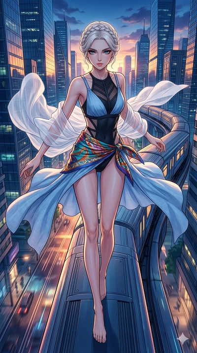 score_9, masterpiece, best quality, ultra-detailed, high-budget anime movie keyframe, cinematic anime lighting, intricate line art, Japanese anime girl. Extreme high angle shot as she leaps towards the camera, filling the frame. running along a movin