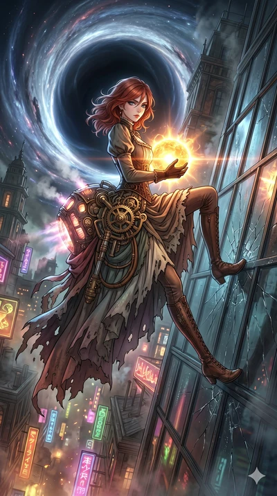 score_9, masterpiece, best quality, ultra-detailed, Set A: High-budget Anime Keyframe, Caucasian (human ears) woman. Low angle cowboy shot filling the entire 9:16 frame with her statuesque presence. Theme: Urban Decay. sliding down a glass skyscraper