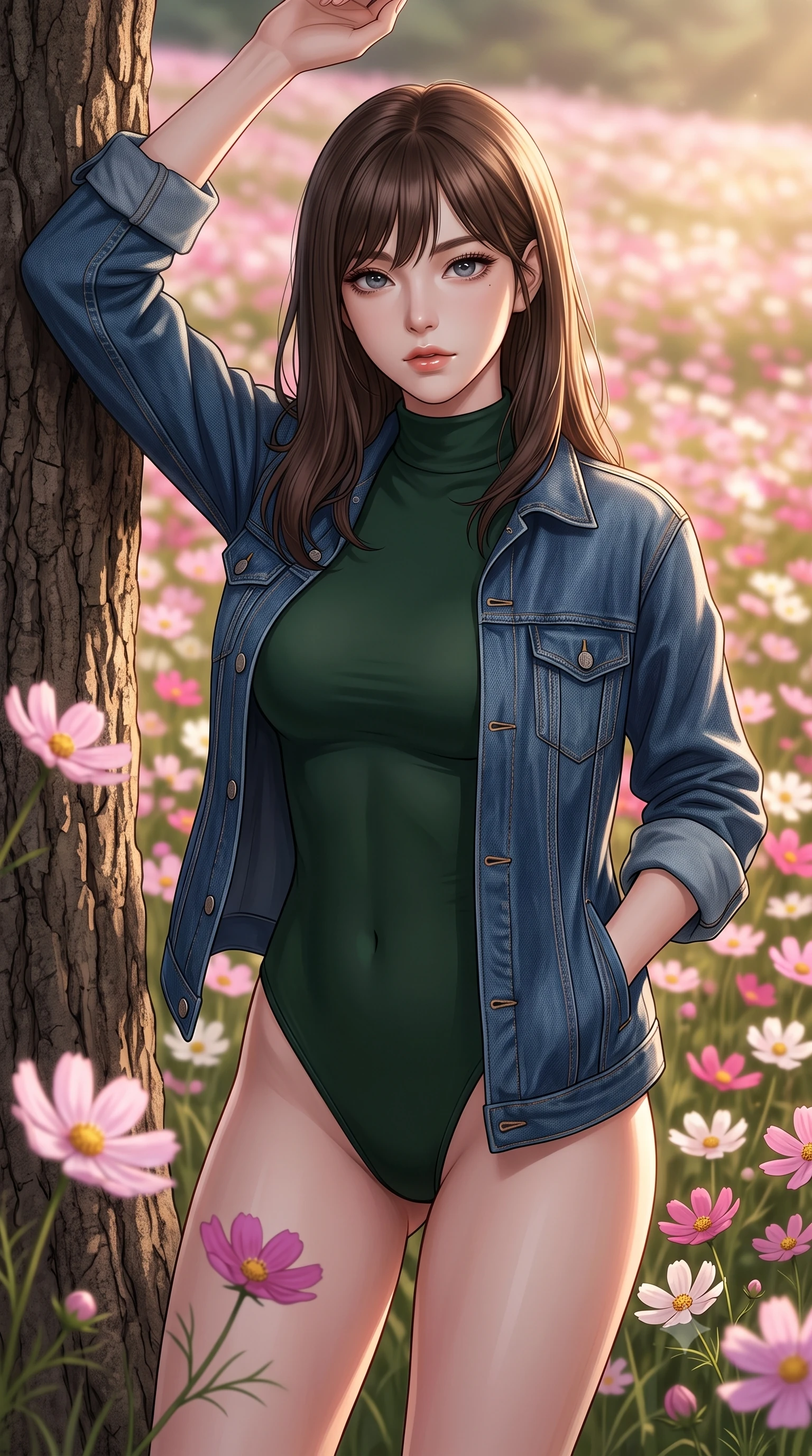 score_9, masterpiece, best quality, ultra-detailed, high-budget anime keyframe, editorial fashion photography, tasteful artistic composition, Korean woman woman. close-up cowboy shot from the waist and thighs up, the character dominates the composition, filling the frame with her large presence, background elements kept in soft focus. standing relaxed against a tree trunk, sharing a quiet, serene moment with the viewer the background shows a soft-focus a vast field of pink and white cosmos flowers swaying in the gentle wind. She has an exceptionally elegant, slender, and willowy female figure with an ultra-slim waist, a gracefully sculpted slender torso, and a refined silhouette. sharp v-shaped jawline, high-bridge nose, intricate jewel-like eyes with depth, thick eyelashes, glossy lips with a natural sheen. wearing a body-hugging form-contouring high-neck bodysuit in dark green, worn under a tailored open denim jacket. warm afternoon sun rays coloring the cosmos petals in vibrant tones. 2k, ultra detail, master piece, 9:16 ratio