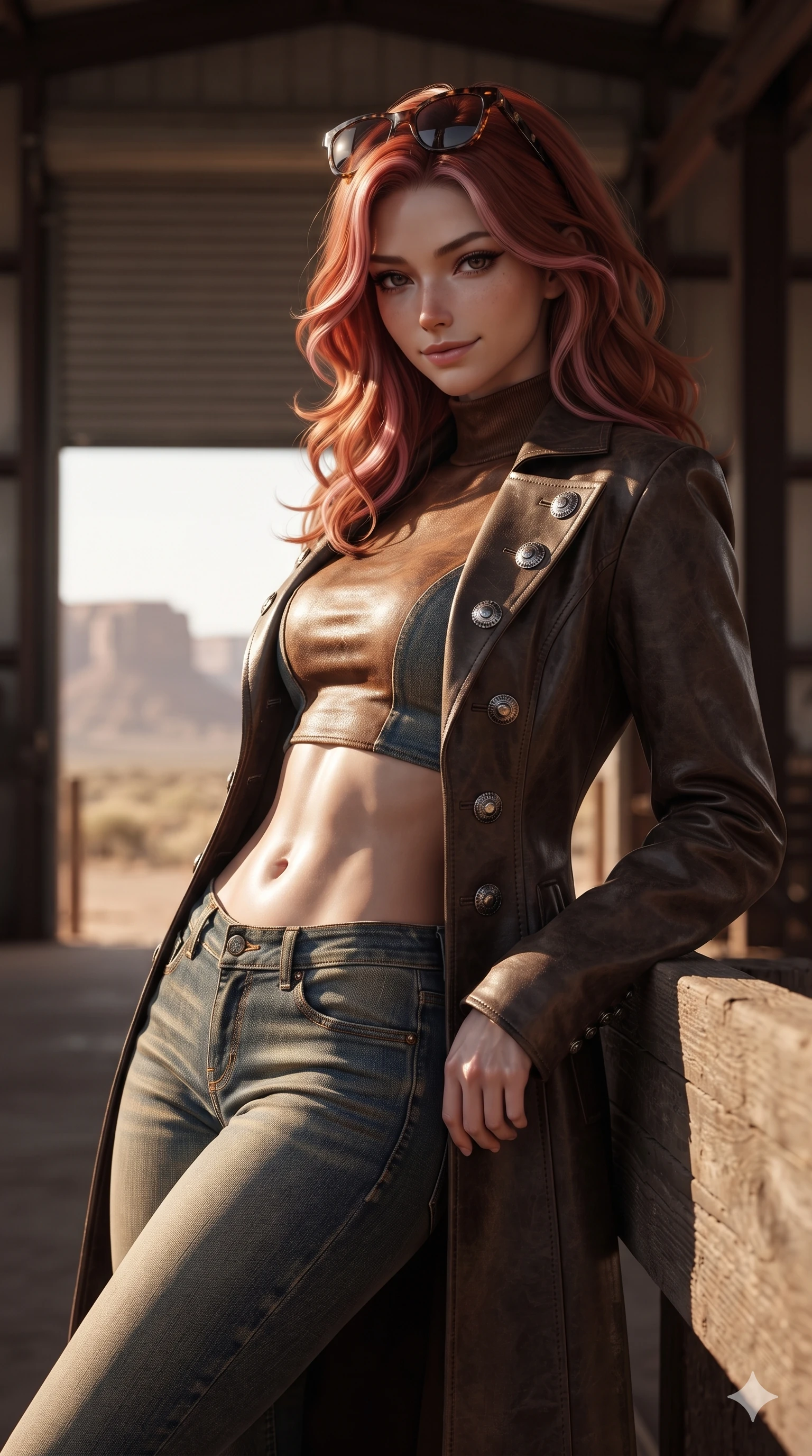 score_9, masterpiece, best quality, ultra-detailed, high-budget anime keyframe, editorial fashion photography, tasteful artistic composition, Caucasian woman. close-up cowboy shot from the waist and thighs up, the character dominates the composition, filling the frame with her large presence. leaning against the timber guardrail with hips cocked back, looking through dark sunglasses with an alluring, confident half-smile while twisting her slender torso in an alluring S-curve, harsh desert exterior sunlight contrasting with dark warehouse interiors across her flat midriff and hips. The background shows a soft-focus massive corrugated iron roll-up door opening, silhouetted steel I-beams, and distant sun-bleached desert plateaus blurred into charcoal, terracotta, and gold bokeh. She has an exceptionally elegant, slender, and willowy female figure with an ultra-slim waist, flat toned midriff, narrow ribcage, and sculpted feminine hips creating an alluring, slim hourglass silhouette without bulk. sharp v-shaped jawline, high-bridge nose, sparkling eyes with hypnotic seductive depth, thick curled eyelashes, glossy parted lips with a natural dewy peach sheen, alluring bedroom-eyes with an enchanting coquettish smile, exuding magnetic siren charisma and sophisticated glamour, flawlessly proportioned anatomical accuracy, strict slender model proportions, natural body alignment, perfectly sculpted long slender limbs, ultra-slim waistline, clean dynamic posture without body distortion. wearing a tailored Western duster coat with silver concho buttons and structured lapels layered over a modest high-neck knit in distressed whiskey leather brown and sun-bleached denim blue, tailored from second-skin technical compression neoprene with athletic curve-sculpting stretch, complemented by oversized designer tortoiseshell sunglasses resting atop her head, the bespoke structured tailoring following the natural line of her 8.5-heads silhouette with refined elegance. illuminated by concrete floor bounce and blinding golden rim lighting outlining her razor-sharp jawline, narrow waist, and curvy hips. ultra-reflective glossy finish, specular highlights, rich textural contrasts, high-contrast stereoscopic depth, volumetric dynamic lighting, 2k, ultra detail, master piece, 9:16 ratio