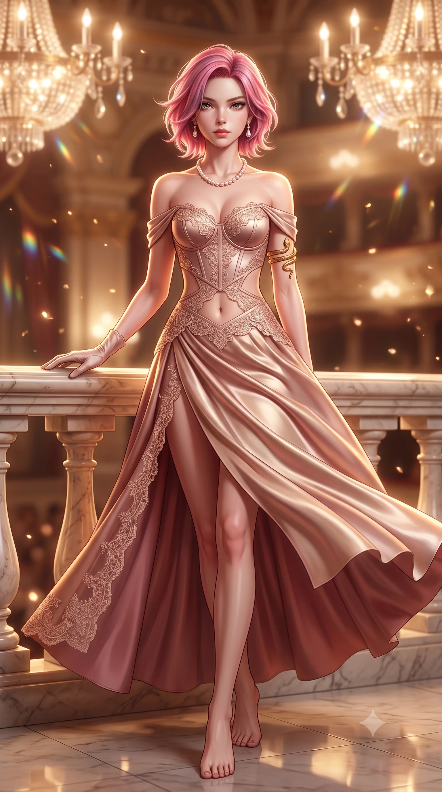 score_9, masterpiece, best quality, ultra-detailed, high-budget anime keyframe, semi-realistic 3D game render, editorial fashion photography, tasteful artistic composition, Caucasian woman. low angle full-body shot from head to toe showing her feet, filling the entire 9:16 vertical frame with her statuesque presence, stretching her vertical silhouette. executing an elegant mid-motion spin with effortless grace, her garments fluttering softly around her ultra-slim waistline while resting one gloved hand on the polished marble railing with majestic high-society poise. The composition keeps background elements in soft focus with creamy bokeh. shimmering chandelier prism refractions scattering warm champagne light motes across the royal theater. She has an absolutely perfect, statuesque 8.5-heads proportion, an exceptionally tall and slender model-like female figure with impossibly long slender legs, a toned flat midriff, and an ultra-slim waist. sharp v-shaped jawline, high-bridge nose, intricate jewel-like eyes with depth, thick eyelashes, glossy lips with a natural sheen, captivating and magnetic expression, flawlessly proportioned anatomical accuracy, strict slender model proportions, natural body alignment, perfectly sculpted long slender limbs, ultra-slim waistline, clean dynamic posture without body distortion. wearing a statuesque off-shoulder duchess satin gala dress featuring a boned corset bodice in dusky blush rose and champagne shimmer, formed from shimmering French lace over smooth silk lining, accented with a sculptured gold serpent armlet and pearl drop earrings, the precision-cut daring openings accentuating her delicate midriff, graceful bare collarbones, and ultra-slim feminine waistline. bathed in opulent golden chandelier illumination and rich ambient amber warmth. highly saturated vibrant anime colors, detailed shading with soft gradients, rich glossy textures, high-contrast stereoscopic depth, volumetric dynamic lighting, master piece, 9:16 ratio