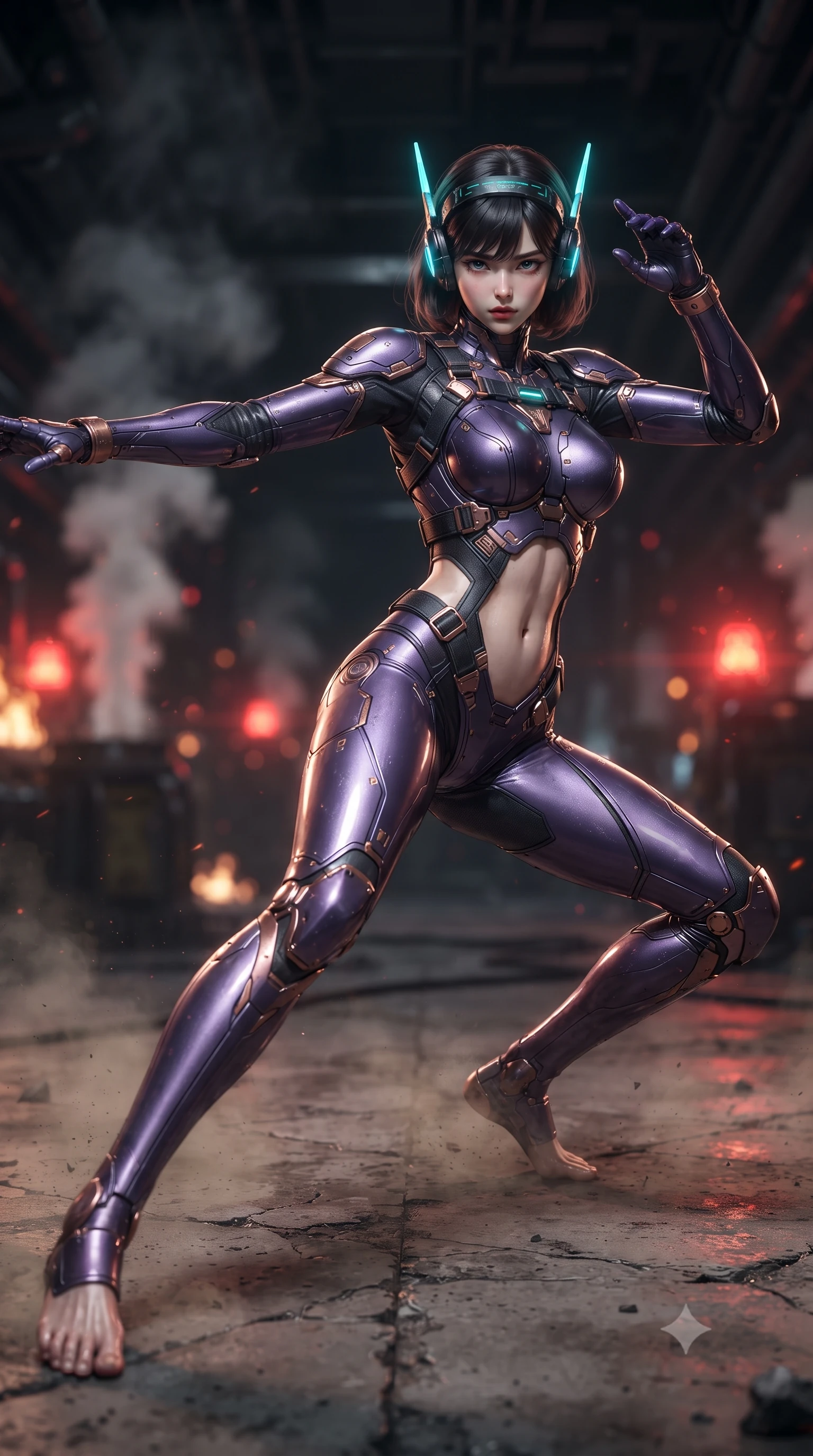 score_9, masterpiece, best quality, ultra-detailed, high-budget anime keyframe, editorial fashion photography, tasteful artistic composition, Korean woman. low angle full-body shot from head to toe showing her feet, filling the entire 9:16 vertical frame with her statuesque presence, stretching her vertical silhouette. pivoting dynamically in a high-speed low sweep kick along the cracked concrete, her athletic torso and ultra-slim waist twisting in a fluid arc of power while sliding into the bunker command nexus with arms raised in fluid kinetic readiness, eyes scanning the shadows with lethal focus. The composition keeps background elements in soft focus with creamy bokeh. pulsing red hazard beacons and drifting industrial steam plumes blurred into fiery crimson, amber, and charcoal bokeh. She has an absolutely perfect, statuesque 8.5-heads proportion, an exceptionally tall and slender model-like female figure with impossibly long slender legs, a toned flat midriff, and an ultra-slim waist. sharp v-shaped jawline, high-bridge nose, intricate jewel-like eyes with depth, thick eyelashes, glossy lips with a natural sheen, fierce and resolute heroine expression, flawlessly proportioned anatomical accuracy, strict slender model proportions, natural body alignment, perfectly sculpted long slender limbs, ultra-slim waistline, clean dynamic posture without body distortion. wearing a lightweight carbon-fiber tactical sensory headpiece with glowing cyan ear-antennae and an ultra-thin forehead HUD brow-band, paired with a form-contouring high-mobility battle-suit featuring sculpted carbon chest plating, diagonal midriff ventilation cutouts, and kinetic knee vambraces in royal purple carbon fiber with distressed rose-gold hardware and buckles, made of lightweight aerodynamic carbon-titanium alloy with precision-beveled armor seams, reinforced by a heavy-duty titanium tactical harness and glowing micro-energy status straps, the form-contouring material adhering flawlessly to her sculpted flat midriff and slender torso, emphasizing her long leg lines and perfectly proportioned willowy build. illuminated by sharp specular highlights tracing her ultra-slim waist, long legs, and sculpted armor plates. ultra-reflective glossy finish, specular highlights, dark metallic sheen, high-contrast stereoscopic depth, volumetric dynamic lighting, 2k, ultra detail, master piece, 9:16 ratio
