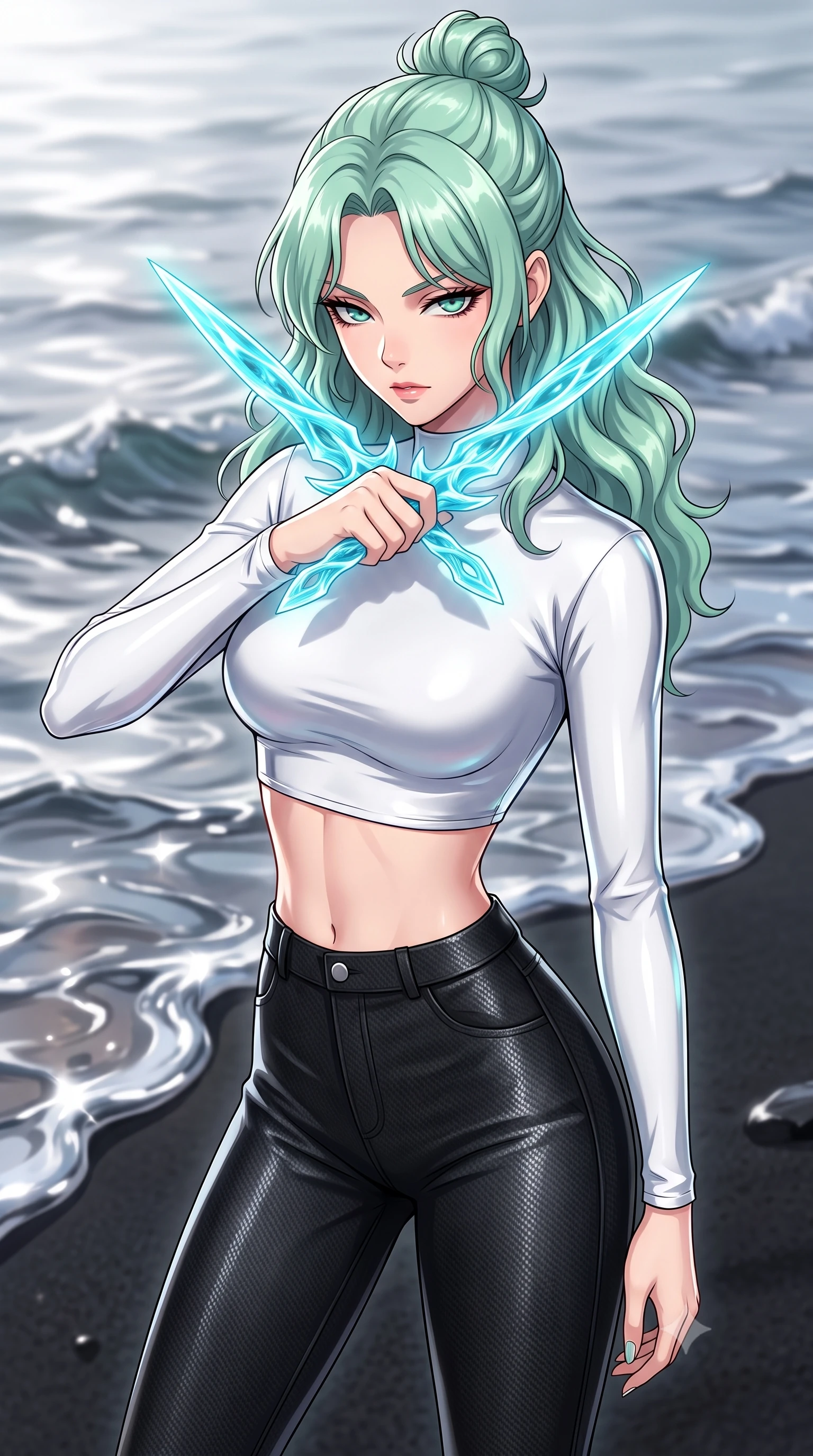 score_9, masterpiece, best quality, ultra-detailed, high-budget anime keyframe, editorial fashion photography, tasteful artistic composition, Japanese woman. close-up cowboy shot from the waist and thighs up, the character dominates the composition, filling the frame with her large presence, background elements kept in soft focus. holding two energy daggers crossed in front of her elegant collarbone, casting a heavy-lidded, sultry look, the background shows a soft-focus a liquid metal ocean coast where waves of chrome mercury lap onto basalt sand. She has an exceptionally elegant, slender, and willowy female figure with an ultra-slim waist, a gracefully sculpted slender torso, and a refined silhouette. sharp v-shaped jawline, high-bridge nose, intricate jewel-like eyes with depth, thick eyelashes, glossy lips with a natural sheen. wearing a form-contouring body-hugging long-sleeve tactical crop top in pure white, paired with high-waisted black carbon-weave skinny pants. highly reflective chrome-like surface casting a silver rim light on her silhouette. highly saturated vibrant anime colors, detailed shading with soft gradients, rich glossy textures, high-contrast stereoscopic depth, volumetric dynamic lighting, master piece, 9:16 ratio