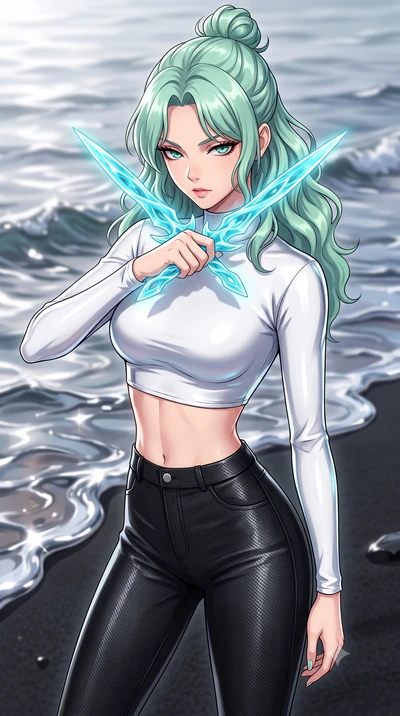 score_9, masterpiece, best quality, ultra-detailed, high-budget anime keyframe, editorial fashion photography, tasteful artistic composition, Japanese woman. close-up cowboy shot from the waist and thighs up, the character dominates the composition, 