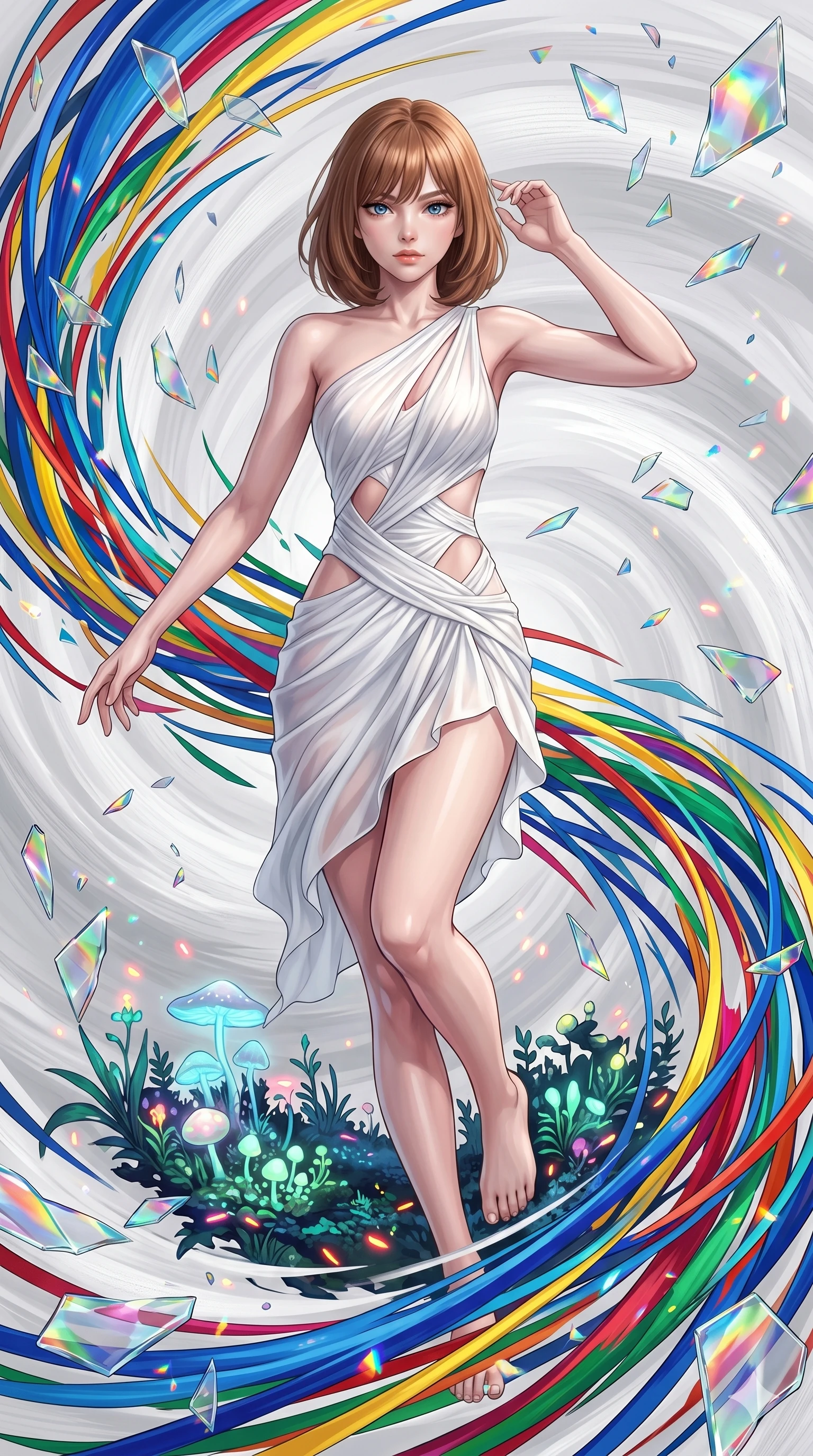 score_9, masterpiece, best quality, ultra-detailed, high-budget anime keyframe, editorial fashion photography, tasteful artistic composition, Caucasian woman, strictly human ears. upper body close-up from the thighs up, character filling the screen for maximum presence. swirling in a vortex of in a white gallery void where thousands of vivid acrylic paint ribbons swirl as floating shattered glass shards refract light like tiny prisms. She has an absolutely perfect 8-heads proportion, an exceptionally tall and slender female figure with impossibly long slender legs and an ultra-slim waist. V-shaped jawline, high-bridge nose, intricate jewel-like eyes with depth, thick eyelashes, glossy lips with a natural sheen.. wearing an asymmetric chiffon draped couture mini dress, featuring draped white chiffon fabric twisting around her body with elegant diamond cutouts on the waist. enhanced by the soft inner light of bioluminescent flora and neon embers in the background. 2k, ultra detail, master piece, 9:16 ratio