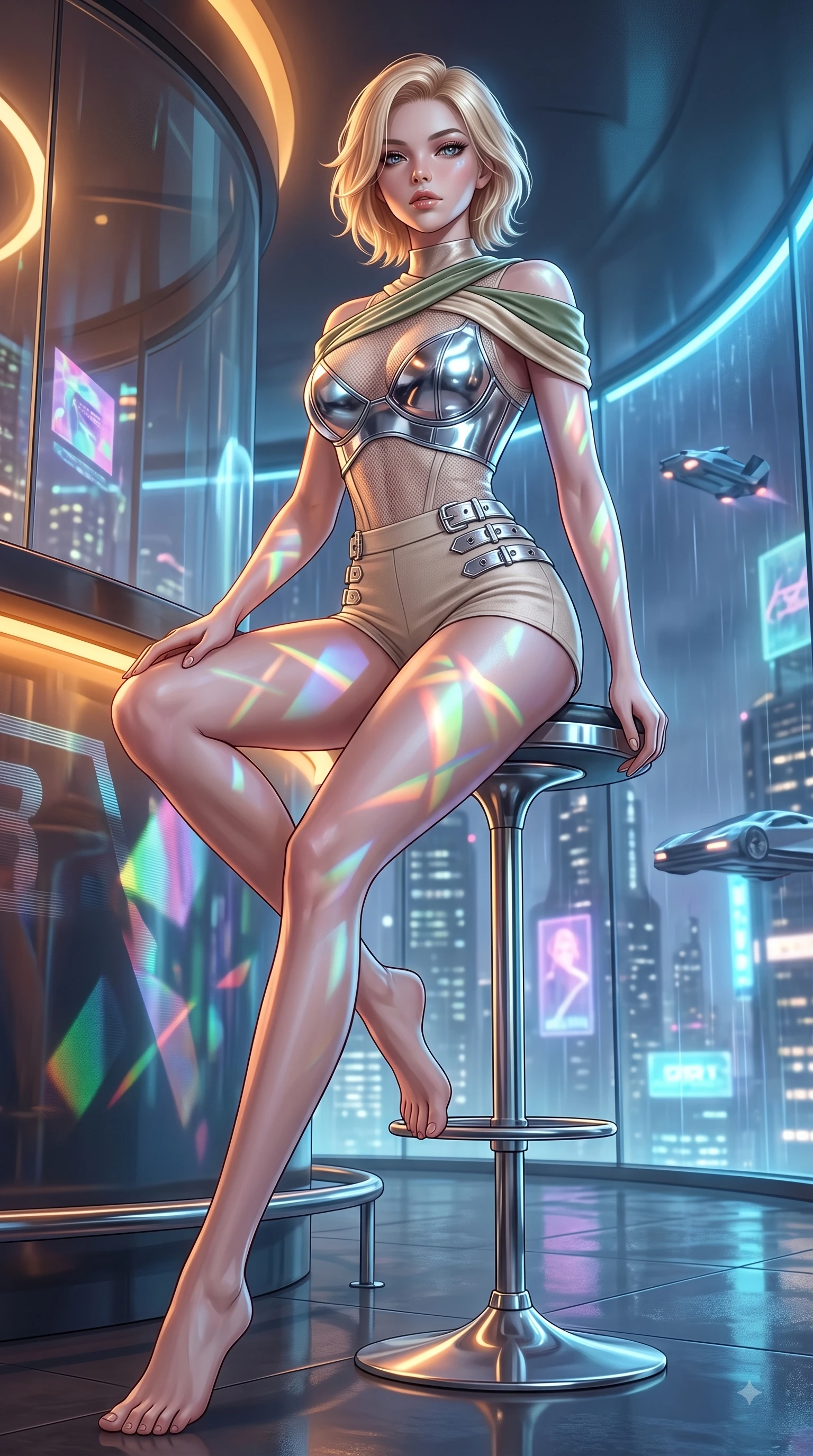 score_9, masterpiece, best quality, ultra-detailed, high-budget anime keyframe, editorial fashion photography, tasteful artistic composition, Caucasian woman. low angle full-body shot from head to toe showing her feet, filling the entire 9:16 vertical frame with her statuesque presence, stretching her vertical silhouette. forging dynamically through the scene with her long slender legs and ultra-slim waist creating a sweeping curve while perched on a sleek chrome barstool in a futuristic sky-lounge overlooking rain-slicked city streets, holographic advertisements casting dynamic geometric light patterns on her form. She has an absolutely perfect, statuesque 8.5-heads proportion, an exceptionally tall and slender model-like female figure with impossibly long slender legs and an ultra-slim waist. sharp v-shaped jawline, high-bridge nose, intricate jewel-like eyes with depth, thick eyelashes, glossy lips with a natural sheen, flawlessly proportioned anatomical accuracy, natural body alignment, perfectly sculpted elegant limbs, clean dynamic posture without body distortion. wearing a chrome-plated structured bodice worn over a sheer mesh top and micro-shorts in sage green and oatmeal, made of premium stretch velvet with a rich sheen, detailed with polished silver buckles along the waistline, the elegant draped fit framing her graceful clavicle and slender torso. illuminated by warm indoor bar amber light and cool rainy blue neon rim light. ultra-reflective glossy finish, specular highlights, metallic sheen, high-contrast stereoscopic depth, volumetric dynamic lighting, 2k, ultra detail, master piece, 9:16 ratio