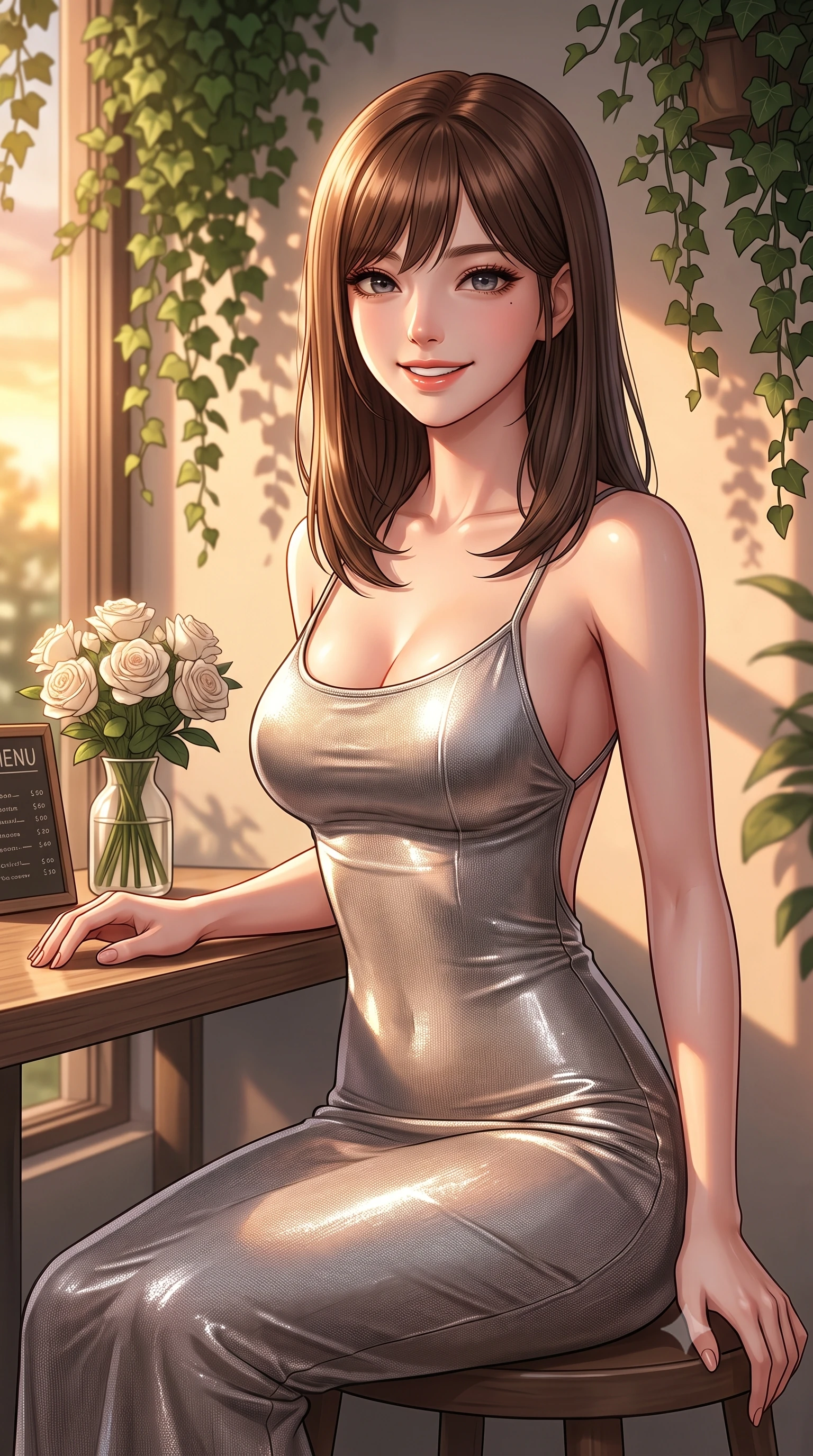 score_9, masterpiece, best quality, ultra-detailed, high-budget anime keyframe, editorial fashion photography, tasteful artistic composition, Korean woman. close-up cowboy shot from the waist and thighs up, the character dominates the composition, filling the frame with her large presence, background elements kept in soft focus. smiling with cute and bright self-assurance, looking directly at the viewer set against a soft-focus background of at a quiet window table of an organic salad bar filled with hanging ivy with a small menu board and a vase of white roses on the table. She has an exceptionally elegant, slender, and willowy female figure with an ultra-slim waist, a gracefully sculpted slender torso, and a refined silhouette. sharp v-shaped jawline, high-bridge nose, intricate jewel-like eyes with depth, thick eyelashes, glossy lips with a natural sheen. wearing slim-fit body-hugging knit midi dress with a tasteful open-back design and thin straps. golden hour sunset light casting long warm shadows on the restaurant table. ultra-reflective glossy finish, specular highlights, metallic sheen, high-contrast stereoscopic depth, volumetric dynamic lighting, 2k, ultra detail, master piece, 9:16 ratio