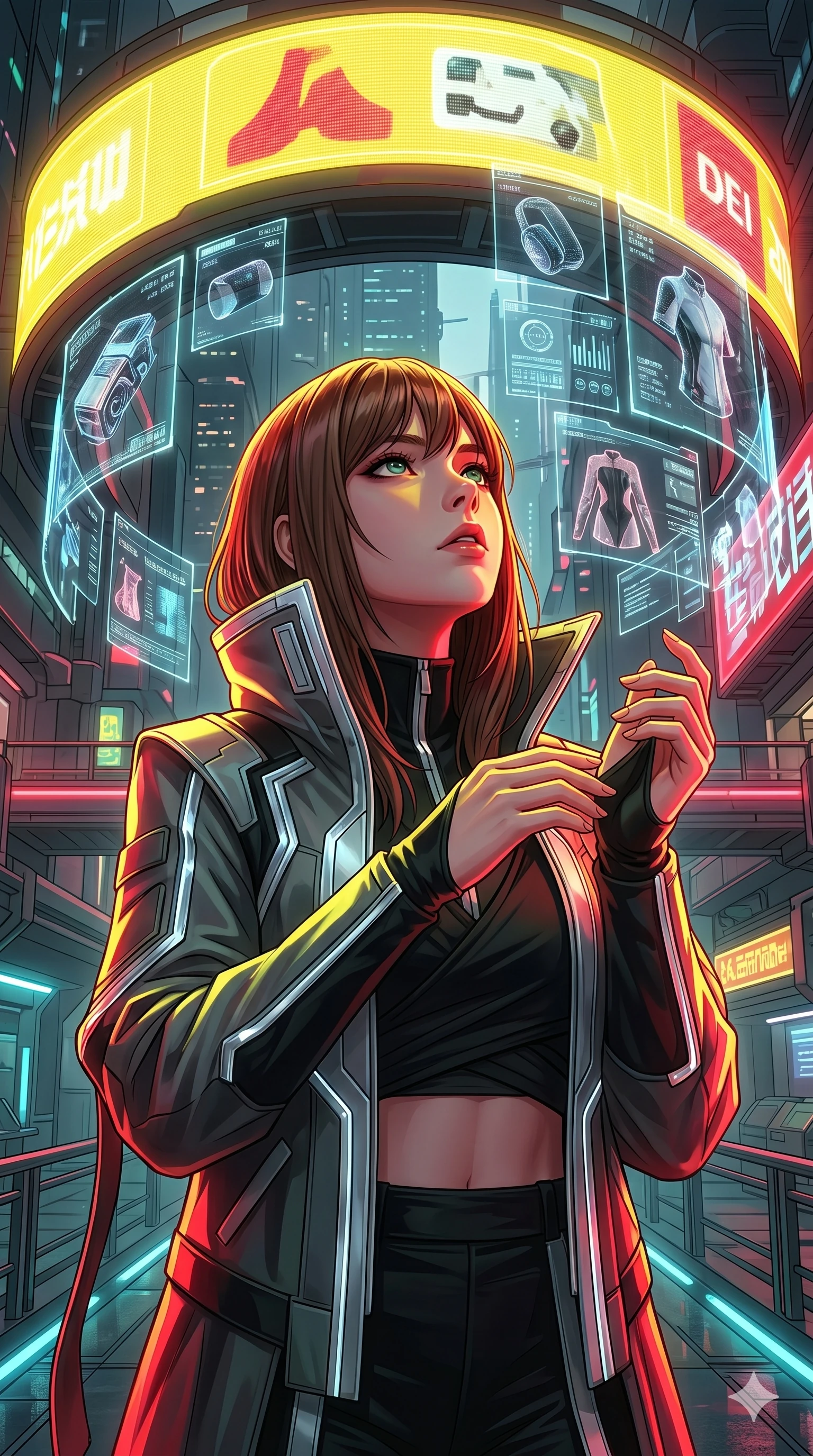 score_9, masterpiece, best quality, ultra-detailed, high-budget anime keyframe, editorial fashion photography, tasteful artistic composition, Korean woman. Upper body close-up from the thighs up, character filling the screen for maximum presence. Standing under a giant holographic advertising arch, looking up at the floating products with a fascinated, intense expression. She is wearing a high-collar cyber jacket with reflective piping, worn over a cropped wrap top. The scene is drenched in bright neon yellow and red light from the holographic ads. 2k, ultra detail, master piece, 9:16 ratio