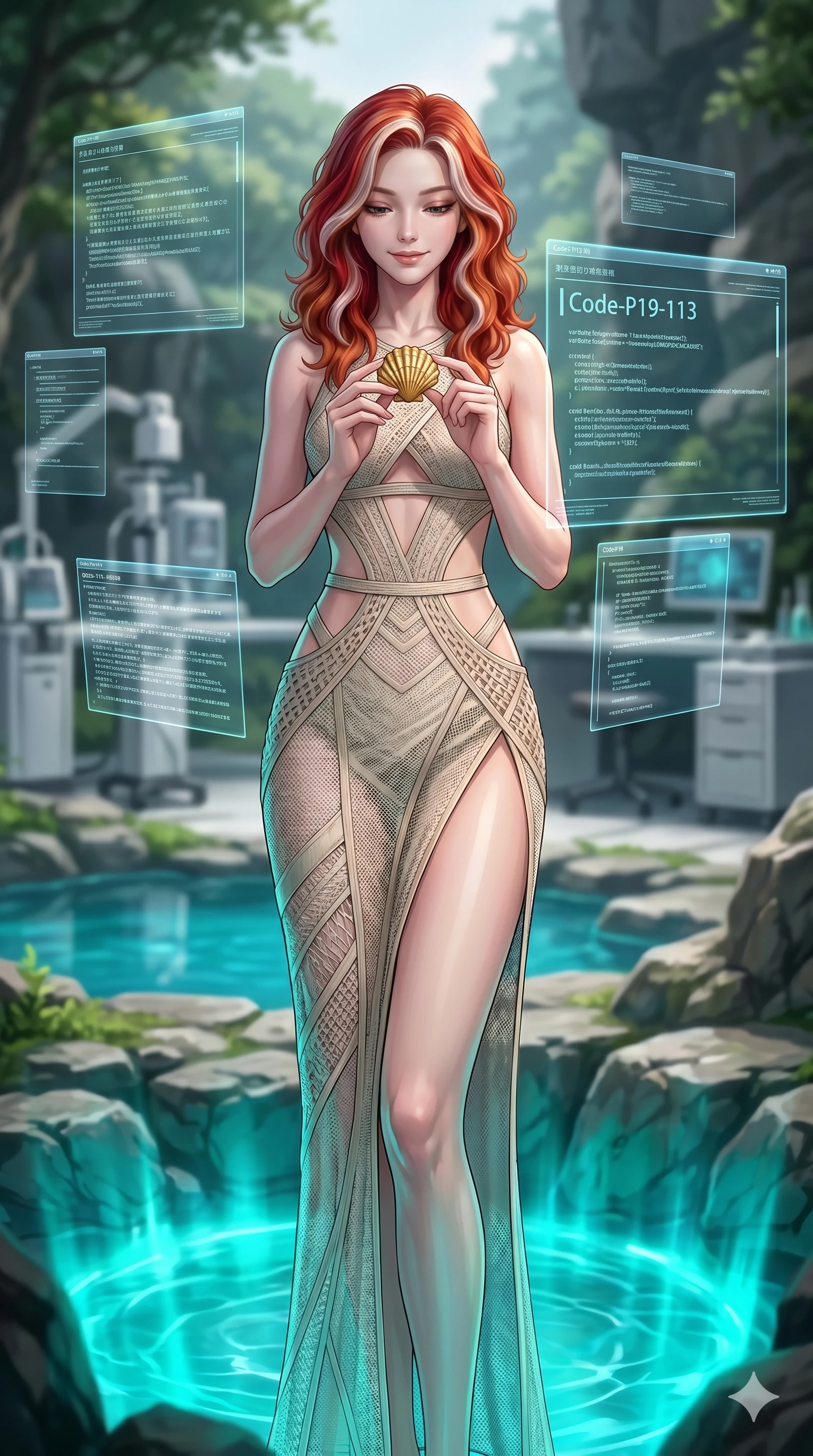 score_9, masterpiece, best quality, ultra-detailed, high-budget anime keyframe, editorial fashion photography, tasteful artistic composition, Caucasian woman, strictly human ears. cowboy shot from the thighs up, character and outfit filling the frame for maximum editorial presence. holding a small golden seashell, looking down with a serene smile in a pristine outdoor laboratory with floating holographic screens (Code-P19-113). She has an absolutely perfect 8-heads proportion, an exceptionally tall and slender female figure with impossibly long slender legs and an ultra-slim waist. V-shaped jawline, high-bridge nose, intricate jewel-like eyes with depth, thick eyelashes, glossy lips with a natural sheen. wearing a bodycon dress with high-slit and exposed waist in linen mesh. mystical turquoise glow from the pool, creating a strong contrast with the shadow. 2k, ultra detail, master piece, 9:16 ratio