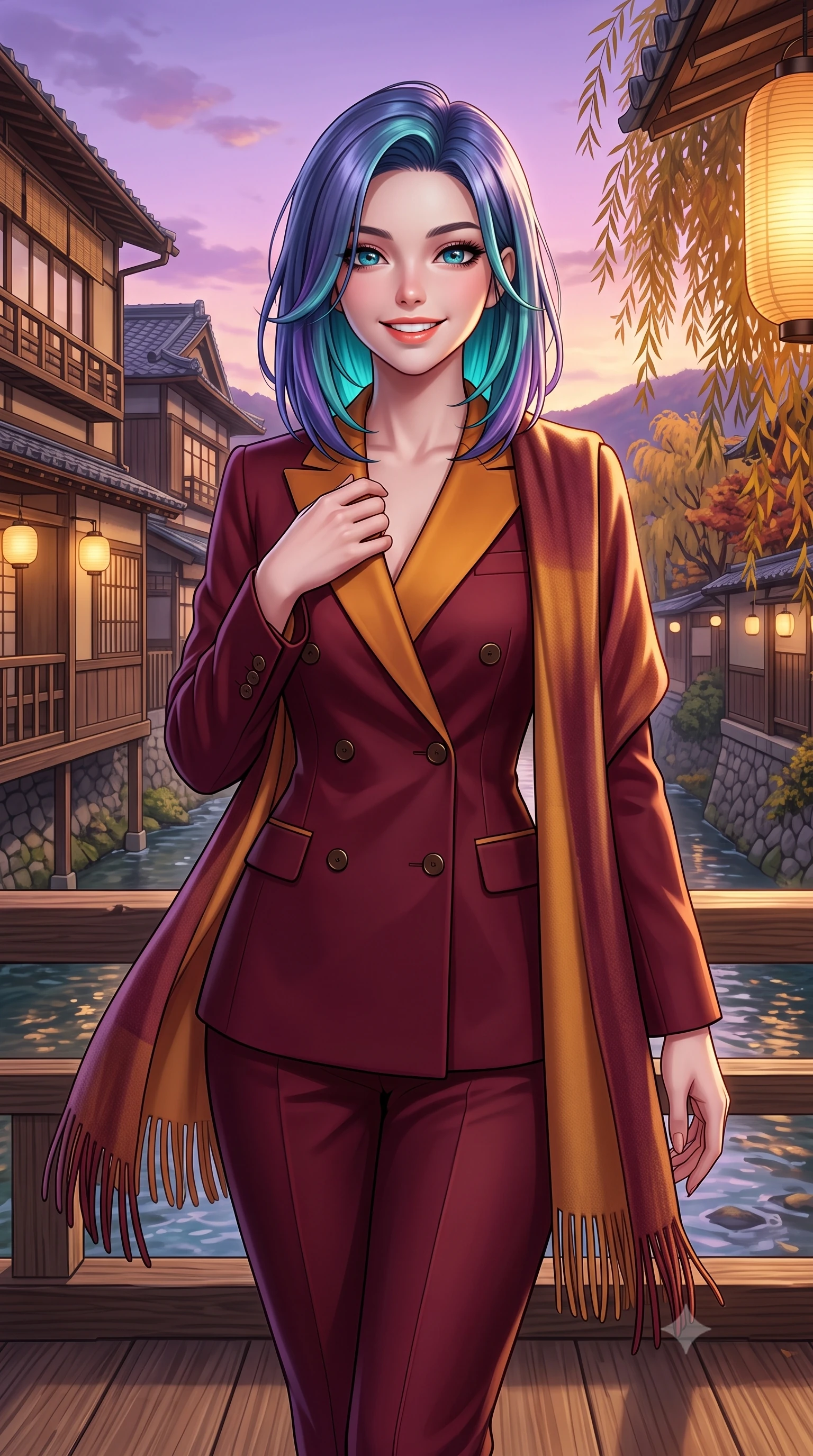 score_9, masterpiece, best quality, ultra-detailed, high-budget anime keyframe, semi-realistic 3D game render, editorial fashion photography, tasteful artistic composition, Caucasian woman. close-up cowboy shot from the waist and thighs up, the character dominates the composition, filling the frame with her large presence. resting one hand gracefully on her tailored blazer lapel while looking into the camera with bright, sparkling eyes while standing poised on the wooden kawayuka deck suspended over the clear riverbank, looking out at autumn willows with a bright, beaming smile. The surrounding environment is rendered in vivid detail and crisp panoramic clarity: detailed double-breasted wool gabardine trench coat drape, horn buttons, and historic Japanese urban architecture in high resolution. She has an exceptionally elegant, slender, and willowy female figure with an ultra-slim waist, flat toned midriff, narrow ribcage, and sculpted feminine hips creating an alluring, slim hourglass silhouette without bulk. sharp v-shaped jawline, high-bridge nose, intricate jewel-like sparkling eyes with depth, thick eyelashes, glossy parted lips with a natural peach sheen, bright cheerful beaming smile with an enchanting and coquettish sensual glint, exuding both youthful cute charm and seductive allure, flawlessly proportioned anatomical accuracy, strict slender model proportions, natural body alignment, perfectly sculpted long slender limbs, ultra-slim waistline, clean dynamic posture without body distortion. wearing a refined double-breasted wool gabardine pantsuit with clean minimalist tailoring and a concealed placket in rich Oxford burgundy and golden amber, made of crisp Egyptian cotton poplin with pristine tailored pressing, accented with a wide brushed cashmere fringe scarf draped elegantly over one shoulder, the bespoke architectural tailoring hugging her natural waistline with sartorial precision, creating a clean graceful hourglass silhouette with tall model elegance. bathed in the soft purple-gold twilight glow of autumn sunset over the Higashiyama mountains mixed with warm paper lantern lights. highly saturated vibrant anime colors, detailed shading with soft gradients, rich glossy textures, high-contrast stereoscopic depth, volumetric dynamic lighting, master piece, 9:16 ratio