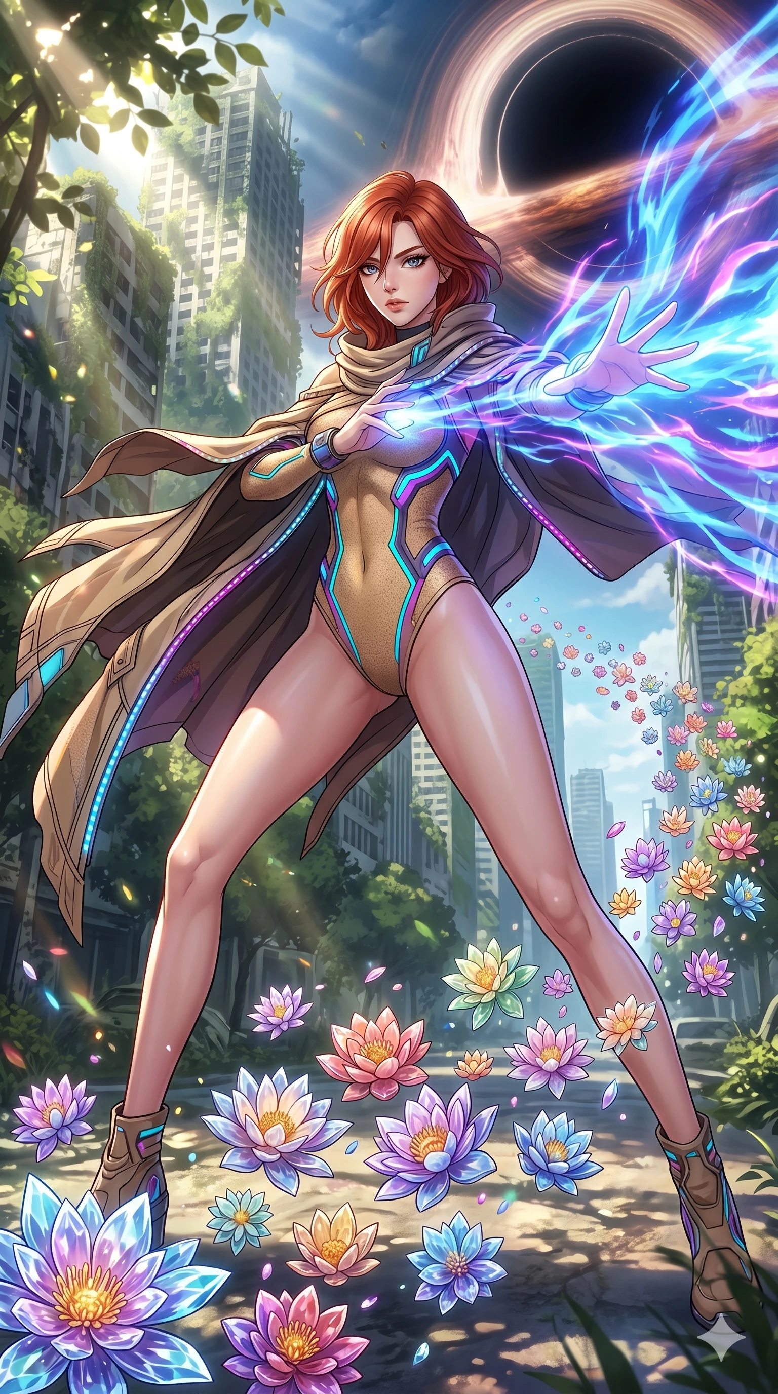 score_9, masterpiece, best quality, ultra-detailed, Set A: High-budget Anime Keyframe, Japanese woman. Low angle cowboy shot filling the entire 9:16 frame with her statuesque presence. Theme: Urban Decay. unleashing a massive energy wave in the edge of a black hole, while she leaves a trail of 276 blooming crystal flowers. The atmosphere is filled with cinematic sunlight through leaves. She has an absolutely perfect 8-heads proportion, an exceptionally tall and slender female figure with impossibly long slender legs and an ultra-slim waist. Sharp v-shaped jawline, high-bridge nose, intricate jewel-like eyes with depth, glossy lips. Wearing Desert-nomad tech-cloak over a high-cut sandy-textured bodysuit with neon accents. Cinematic lighting, vivid colors, dramatic shadows, 2k, ultra detail, master piece, 9:16 ratio