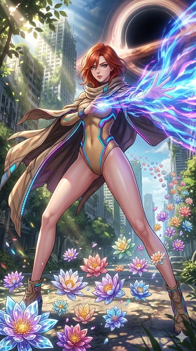 score_9, masterpiece, best quality, ultra-detailed, Set A: High-budget Anime Keyframe, Japanese woman. Low angle cowboy shot filling the entire 9:16 frame with her statuesque presence. Theme: Urban Decay. unleashing a massive energy wave in the edge 