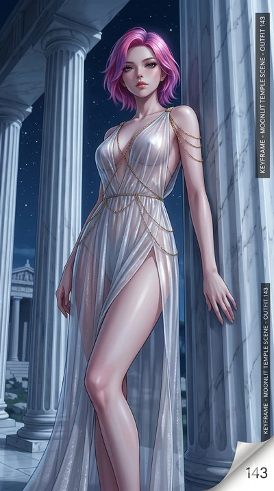 score_9, masterpiece, best quality, ultra-detailed, High-budget Anime Keyframe, East Asian woman. Low angle cowboy shot filling the entire 9:16 frame with her statuesque presence. Scenario 143: Leaning against a cold marble pillar in a moonlit greek 