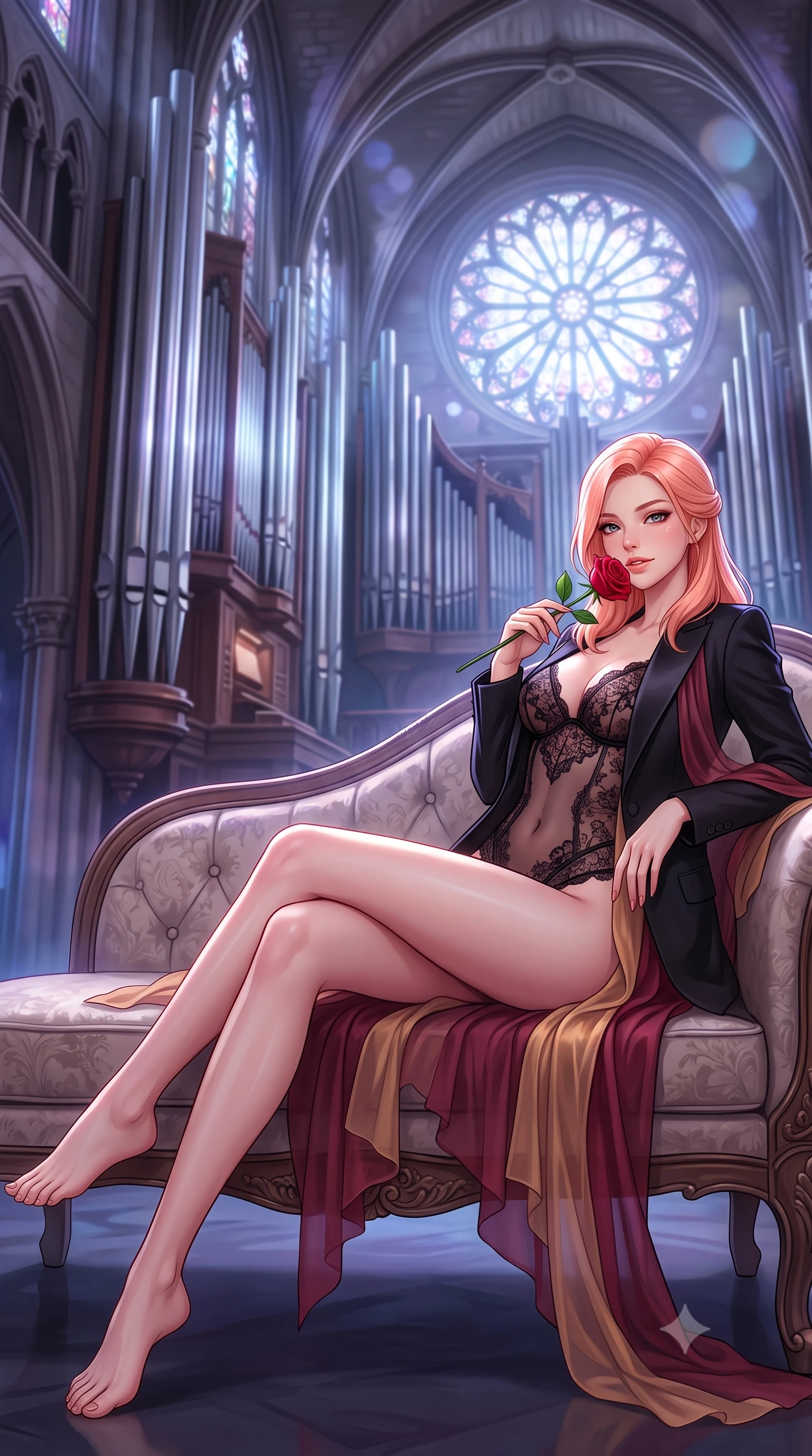score_9, masterpiece, best quality, ultra-detailed, high-budget anime keyframe, semi-realistic 3D game render, editorial fashion photography, tasteful artistic composition, Japanese woman. low angle full-body shot from head to toe showing her feet, filling the entire 9:16 vertical frame with her statuesque presence, stretching her vertical silhouette. reclining gracefully across the plush chaise lounge with one leg extended, her sculpted silhouette and flat midriff radiating magnetic nocturnal glamour while standing poised on the organ gallery loft before the massive polished tin pipes, arching her back with dramatic gothic opera glamour. The background shows a soft-focus colossal towering organ pipes, soaring ribbed vault ceilings, and the glowing circular rose window blurred into cobalt, violet, and silver bokeh. She has an absolutely perfect, statuesque 8.5-heads proportion, an exceptionally tall and slender model-like female figure with impossibly long slender legs, an ultra-slim waist, a flat toned midriff, narrow delicate ribcage, and beautifully sculpted feminine hips creating a graceful, slim hourglass silhouette without any bulky heaviness. sharp v-shaped jawline, high-bridge nose, sparkling eyes with hypnotic seductive depth, thick curled eyelashes, glossy parted lips with a natural dewy peach sheen, alluring bedroom-eyes with an enchanting coquettish smile, exuding magnetic siren charisma and sophisticated glamour, flawlessly proportioned anatomical accuracy, strict slender model proportions, natural body alignment, perfectly sculpted long slender limbs, ultra-slim waistline, clean dynamic posture without body distortion. wearing a delicate sheer floral lace teddy layered under an open tailored black tuxedo blazer draped over bare shoulders in smoldering bordeaux wine and liquid gold with black chantilly lace, made of sheer gossamer chiffon that drapes softly against skin with airy translucence, accented with a single fresh-cut long-stemmed crimson rose held delicately near her parted lips, the high-slit wrap tailoring accentuating her ultra-slim waistline and the enchanting curve of her feminine hips with alluring seductive charm. bathed in ethereal jewel-toned moonlight filtering through the colossal stained-glass rose window. highly saturated vibrant anime colors, detailed shading with soft gradients, rich glossy textures, high-contrast stereoscopic depth, volumetric dynamic lighting, master piece, 9:16 ratio