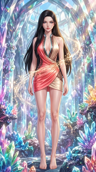 score_9, masterpiece, best quality, ultra-detailed, high-budget anime keyframe, semi-realistic 3D game render, editorial fashion photography, tasteful artistic composition, Korean woman. low angle full-body shot from head to toe showing her feet, fil