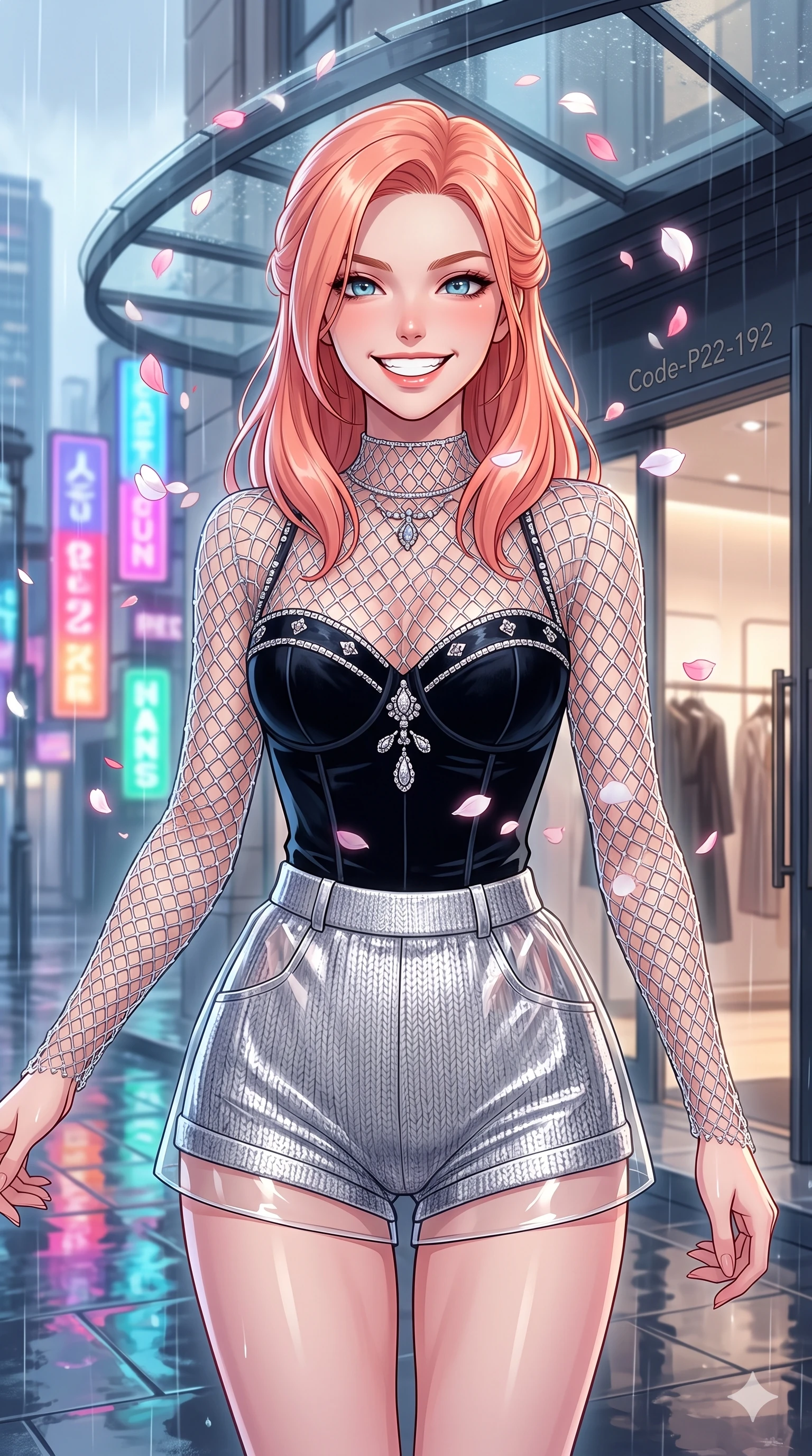 score_9, masterpiece, best quality, ultra-detailed, high-budget anime keyframe, vibrant anime aesthetic, Japanese woman. close-up cowboy shot from the waist and thighs up, the character dominates the composition, filling the frame with her large presence, background elements kept in soft focus. She is posing with a bright, energetic grin, her eyes glowing with energy, with her eyes bright and full of life surrounded by delicate flower petals. the background shows a soft-focus entrance of a high-fashion boutique with a glass awning, overlooking rain-slicked city streets reflecting neon signs (Code-P22-192). She has an absolutely perfect proportion, an exceptionally elegant and slender female figure with an ultra-slim waist. V-shaped jawline, high-bridge nose, intricate jewel-like eyes with depth, thick eyelashes, glossy lips with a natural sheen. wearing a delicate mesh overlay worn over a structured velvet bodice and knit shorts in silver metallic and translucent gloss. She is drenched in soft, diffused light of a rainy afternoon, creating clean outlines, accentuating her slender silhouette under the glass dome roof. 2k, ultra detail, master piece, 9:16 ratio