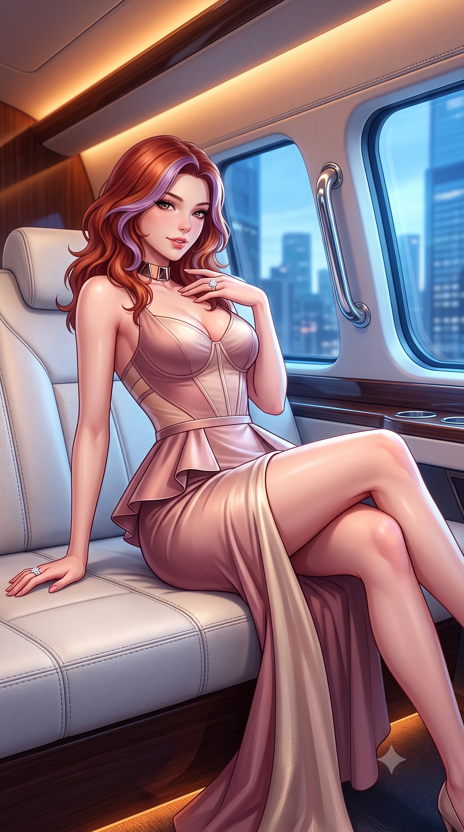 score_9, masterpiece, best quality, ultra-detailed, high-budget anime keyframe, semi-realistic 3D game render, editorial fashion photography, tasteful artistic composition, Caucasian woman. close-up cowboy shot from the waist and thighs up, the character dominates the composition, filling the frame with her large presence. turning over a bare shoulder with an intoxicating, teasing smile, her soft hair framing her sharp jawline as her hips angle gracefully while reclining languidly across the private cabin daybed, one slender leg extended to accentuate her willowy yet curvy silhouette. The surrounding environment is rendered in vivid detail and crisp panoramic clarity. sharp stitched white leather grain, polished chrome grab handles, and panoramic window glass in deep focus. She has an exceptionally elegant, slender, and willowy female figure with an ultra-slim waist, flat toned midriff, narrow ribcage, and sculpted feminine hips creating an alluring, slim hourglass silhouette without bulk. sharp v-shaped jawline, high-bridge nose, intricate jewel-like eyes with depth, thick eyelashes, glossy parted lips with a natural sheen, intensely captivating and seductive bedroom-eyes expression, flawlessly proportioned anatomical accuracy, strict slender model proportions, natural body alignment, perfectly sculpted long slender limbs, ultra-slim waistline, clean dynamic posture without body distortion. wearing a structural geometric peplum gown with sheer side-ribbon cutouts and form-fitting skirt in dusky blush rose and champagne shimmer, made of fluid silk crepe with delicate inner corsetry boning, complemented by a bold geometric choker and sparkling cocktail ring, the form-contouring material adhering flawlessly to her sculpted flat midriff and slender torso, emphasizing her long leg lines and perfectly proportioned willowy build. bathed in warm amber cabin cove lighting and cool blue exterior cityscape light sweeps. highly saturated vibrant anime colors, detailed shading with soft gradients, rich glossy textures, high-contrast stereoscopic depth, volumetric dynamic lighting, master piece, 9:16 ratio