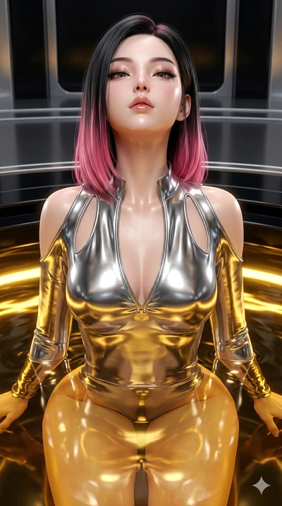 score_9, masterpiece, best quality, ultra-detailed, high-budget anime keyframe, semi-realistic 3D game render, Korean woman. Upper body close-up from the thighs up, character filling the screen for maximum presence. She is partially submerged in a hi