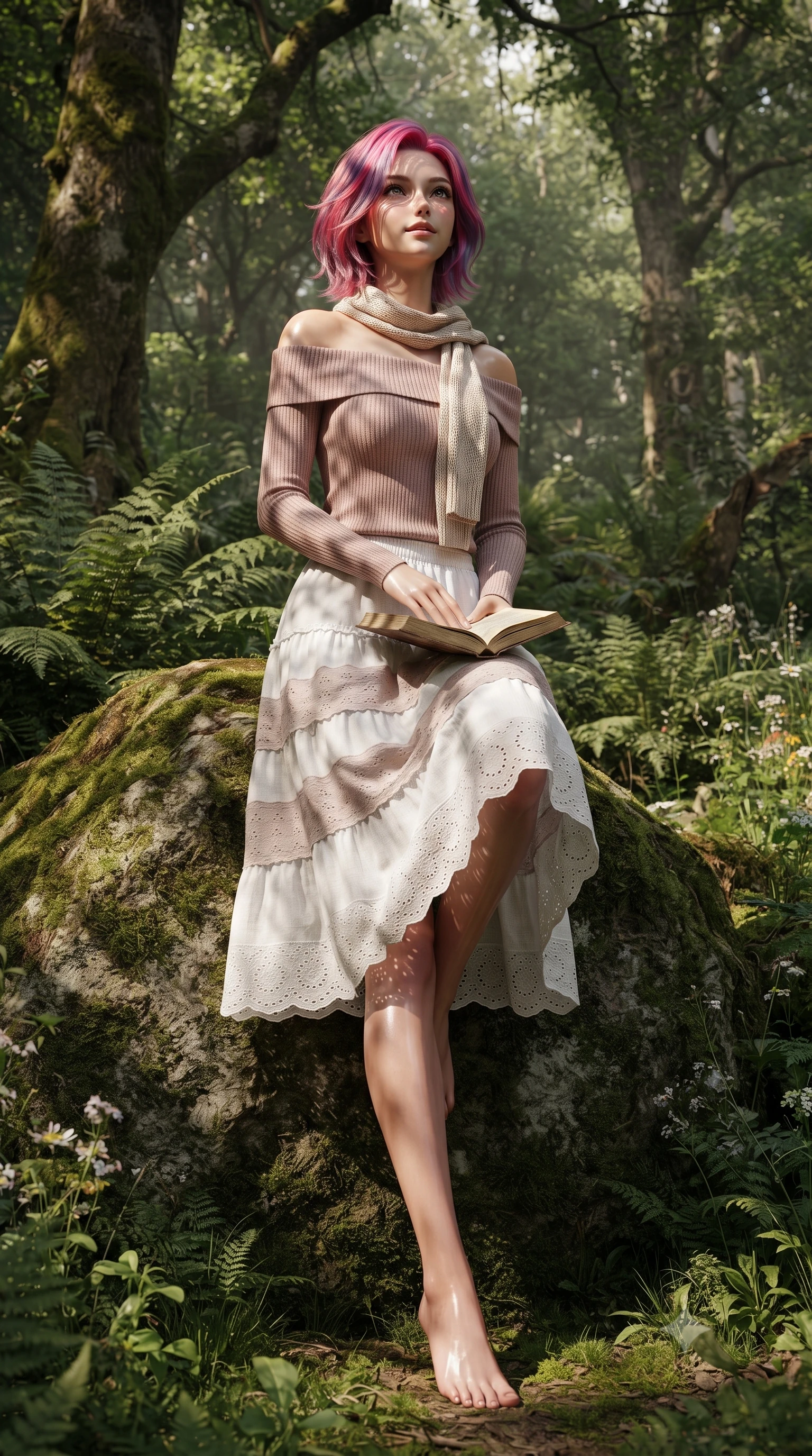 score_9, masterpiece, best quality, ultra-detailed, high-budget anime keyframe, editorial fashion photography, tasteful artistic composition, Caucasian woman. low angle full-body shot from head to toe showing her feet, filling the entire 9:16 vertical frame with her statuesque presence, stretching her vertical silhouette. standing poised on one leg with a playful hop and joyful expression, her long legs and slender figure highlighted against the landscape while leaning against a mossy forest boulder with a book in her lap, looking up with a gentle, enchanting expression. The surrounding environment is rendered in vivid detail and crisp panoramic clarity. intricate woodland chiaroscuro and pristine natural forest ecosystems captured with precision. She has an absolutely perfect, statuesque 8.5-heads proportion, an exceptionally tall and slender model-like female figure with impossibly long slender legs, a toned flat midriff, and an ultra-slim waist. sharp v-shaped jawline, high-bridge nose, intricate jewel-like eyes with depth, thick eyelashes, glossy lips with a natural sheen, pure and lovely fresh girlhood expression, flawlessly proportioned anatomical accuracy, strict slender model proportions, natural body alignment, perfectly sculpted long slender limbs, ultra-slim waistline, clean dynamic posture without body distortion. wearing a fresh off-shoulder ribbed knit top paired with a tiered white cotton midi skirt in soft dusty rose and oatmeal beige, woven with delicate eyelet lace and breathable cotton voile, finished with a lightweight knitted scarf draped loosely around her neck, the relaxed yet flattering fit accentuating her naturally graceful and slender figure, highlighting her youthful charm and lovely silhouette. illuminated by soft natural dappled forest light creating playful sun patterns across her face and dress. ultra-reflective glossy finish, specular highlights, rich natural textures, high-contrast stereoscopic depth, volumetric dynamic lighting, 2k, ultra detail, master piece, 9:16 ratio