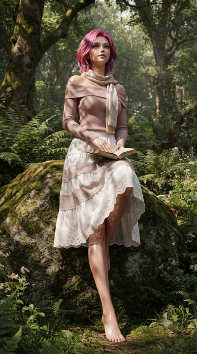 score_9, masterpiece, best quality, ultra-detailed, high-budget anime keyframe, editorial fashion photography, tasteful artistic composition, Caucasian woman. low angle full-body shot from head to toe showing her feet, filling the entire 9:16 vertica