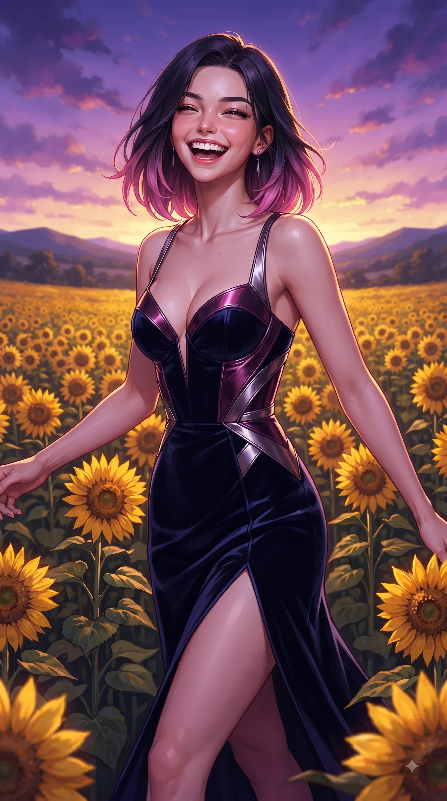 score_9, masterpiece, best quality, ultra-detailed, high-budget anime keyframe, editorial fashion photography, tasteful artistic composition, Korean woman. close-up cowboy shot from the waist and thighs up, the character dominates the composition, filling the frame with her large presence. Ecstatic joyful laughter with eyes crinkling in pure delight and vibrant energy filling her dynamic posture while pivoting in mid-stride amidst golden sunflowers as dusk light casts a magical purple-gold sky. The surrounding environment is rendered in vivid detail and crisp panoramic clarity. intricate floral stem textures, dramatic sunset sky clouds, and distant rolling hills in deep focus. She has an exceptionally elegant, slender, and willowy female figure with an ultra-slim waist, a gracefully sculpted slender torso, and a refined silhouette. sharp v-shaped jawline, high-bridge nose, intricate jewel-like eyes with depth, thick eyelashes, glossy lips with a natural sheen, flawlessly proportioned anatomical accuracy, natural body alignment, perfectly sculpted elegant limbs, clean dynamic posture without body distortion. wearing a sleek dark navy velvet bustier gown with a deep slit and metallic accents in rich plum violet and metallic platinum, crafted from smooth liquid silk satin, complemented by clean architectural seams and subtle cutouts, the form-contouring material accentuating her ultra-slim waist and long lines. surrounded by a romantic, dreamy, and painterly nature editorial atmosphere. ultra-reflective glossy finish, specular highlights, metallic sheen, high-contrast stereoscopic depth, volumetric dynamic lighting, 2k, ultra detail, master piece, 9:16 ratio