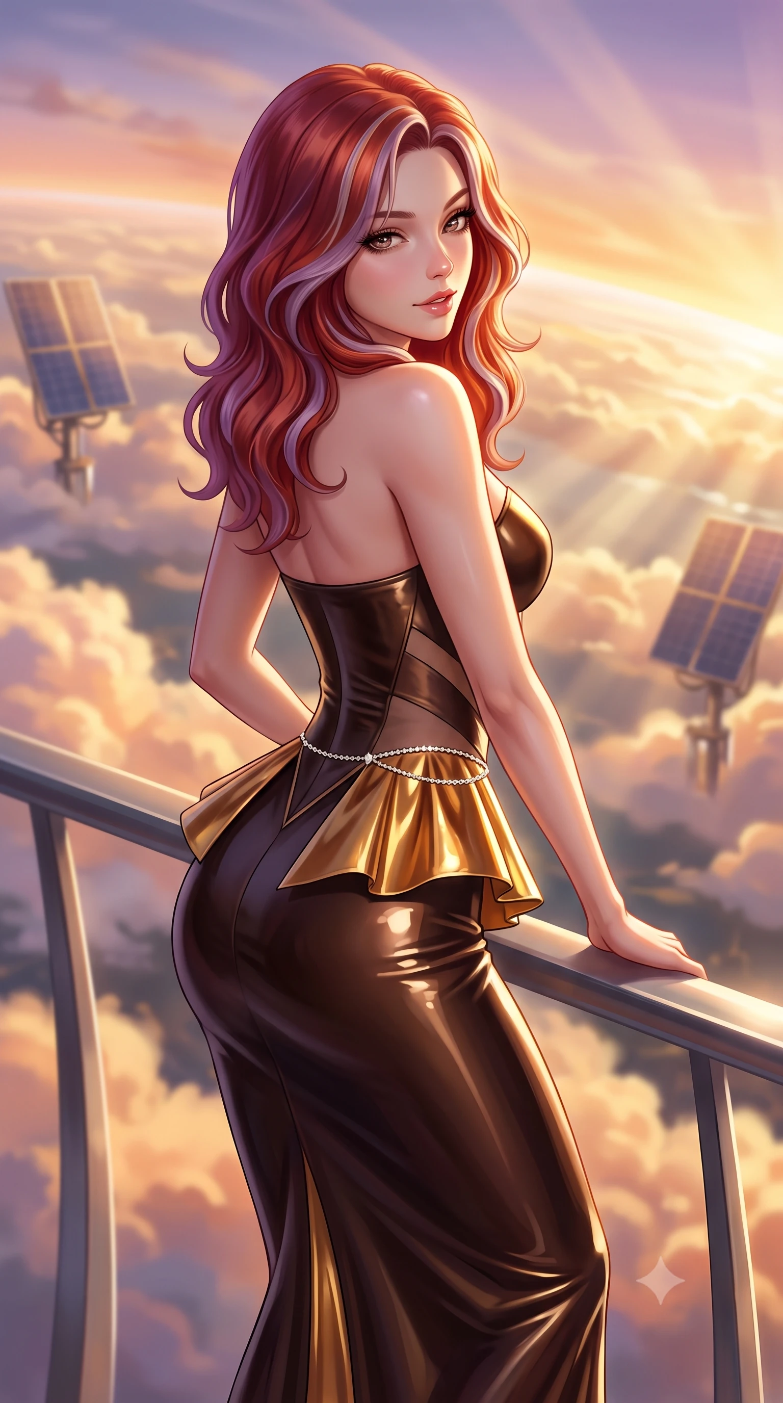 score_9, masterpiece, best quality, ultra-detailed, high-budget anime keyframe, semi-realistic 3D game render, editorial fashion photography, tasteful artistic composition, Caucasian woman. close-up cowboy shot from the waist and thighs up, the character dominates the composition, filling the frame with her large presence. turning over a bare shoulder with an intoxicating, teasing smile, her soft hair framing her sharp jawline as her hips angle gracefully while perching on the cantilevered titanium terrace railing 10,000 meters above sea level, arching her lower back as golden sunset clouds stretch endlessly to the curved horizon. The composition keeps background elements in soft focus with creamy bokeh. billowing sunset cumulus clouds and floating solar collector pylons blurred into molten gold, apricot, and lavender bokeh. She has an exceptionally elegant, slender, and willowy female figure with an ultra-slim waist, flat toned midriff, narrow ribcage, and sculpted feminine hips creating an alluring, slim hourglass silhouette without bulk. sharp v-shaped jawline, high-bridge nose, intricate jewel-like eyes with depth, thick eyelashes, glossy parted lips with a natural sheen, intensely captivating and seductive bedroom-eyes expression, flawlessly proportioned anatomical accuracy, strict slender model proportions, natural body alignment, perfectly sculpted long slender limbs, ultra-slim waistline, clean dynamic posture without body distortion. wearing a structural geometric peplum gown with sheer side-ribbon cutouts and form-fitting skirt in dark espresso brown and molten gold foil, tailored from second-skin aerodynamic stretch vinyl with specular wet sheen, accented with a dainty diamond waist chain catching the ambient light reflections, the glove-like aerodynamic silhouette tightly following the natural contour of her hips and long slender legs with statuesque 8.5-heads elegance. bathed in glorious golden hour stratospheric sunbeams streaming unobstructed across the cloud deck. highly saturated vibrant anime colors, detailed shading with soft gradients, rich glossy textures, high-contrast stereoscopic depth, volumetric dynamic lighting, master piece, 9:16 ratio
