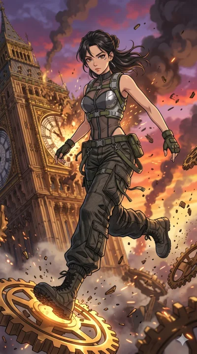 score_9, masterpiece, best quality, ultra-detailed, High-budget Anime Keyframe, beautiful Korean anime girl. Low angle cowboy shot filling the entire 9:16 frame with her statuesque presence. Leaping through the air by stepping on falling fragments of