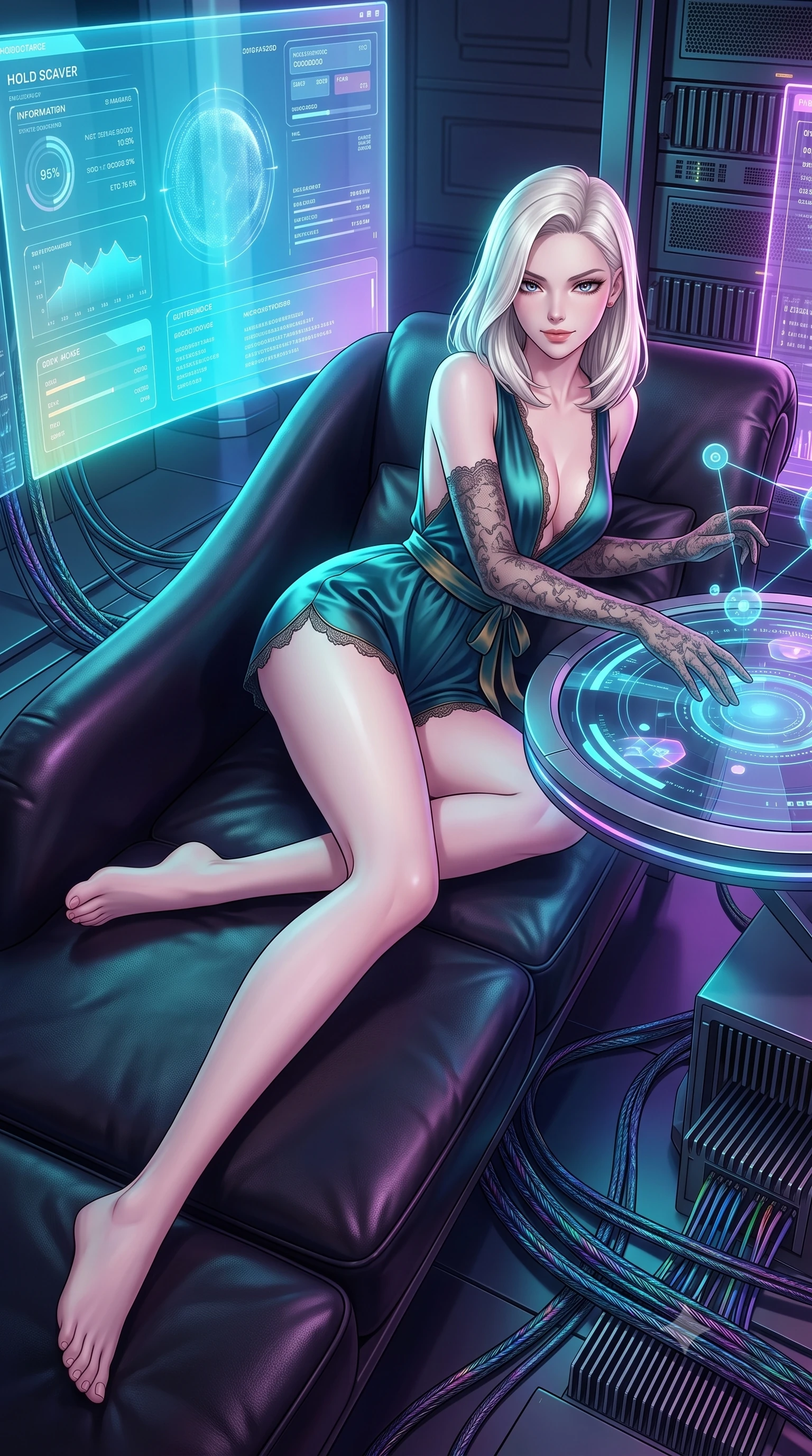 score_9, masterpiece, best quality, ultra-detailed, high-budget anime keyframe, semi-realistic 3D game render, editorial fashion photography, tasteful artistic composition, Caucasian woman. low angle full-body shot from head to toe showing her feet, filling the entire 9:16 vertical frame with her statuesque presence, stretching her vertical silhouette. reclining gracefully across the plush chaise lounge with one leg extended, her sculpted silhouette and flat midriff radiating magnetic nocturnal glamour while leaning over the circular holographic console table while arching her lower back to accentuate her curvy hips, analyzing floating data nodes. The surrounding environment is rendered in vivid detail and crisp panoramic clarity: sharp holographic UI typography, server rack heat sink grilles, and braided fiber-optic cable textures in deep focus. She has an absolutely perfect, statuesque 8.5-heads proportion, an exceptionally tall and slender model-like female figure with impossibly long slender legs, an ultra-slim waist, a flat toned midriff, narrow delicate ribcage, and beautifully sculpted feminine hips creating a graceful, slim hourglass silhouette without any bulky heaviness. sharp v-shaped jawline, high-bridge nose, sparkling eyes with hypnotic seductive depth, thick curled eyelashes, glossy parted lips with a natural dewy peach sheen, alluring bedroom-eyes with an enchanting coquettish smile, exuding magnetic siren charisma and sophisticated glamour, flawlessly proportioned anatomical accuracy, strict slender model proportions, natural body alignment, perfectly sculpted long slender limbs, ultra-slim waistline, clean dynamic posture without body distortion. wearing a deep V-neck silk satin ballerina romper with scalloped eyelash-lace hems and a cinched satin waist ribbon in iridescent peacock teal and burnished antique brass, tailored from fine ribbed modal knit with gentle elastic contouring and soft hand-feel, complemented by sheer opera-length lace evening gloves tracing her slender arms, the glove-like clinging cut tightly following the natural contour of her hips and long slender legs with youthful 8.5-heads elegance. bathed in dynamic cyan and ultraviolet illumination radiating from giant holographic displays. highly saturated vibrant anime colors, detailed shading with soft gradients, rich glossy textures, high-contrast stereoscopic depth, volumetric dynamic lighting, master piece, 9:16 ratio