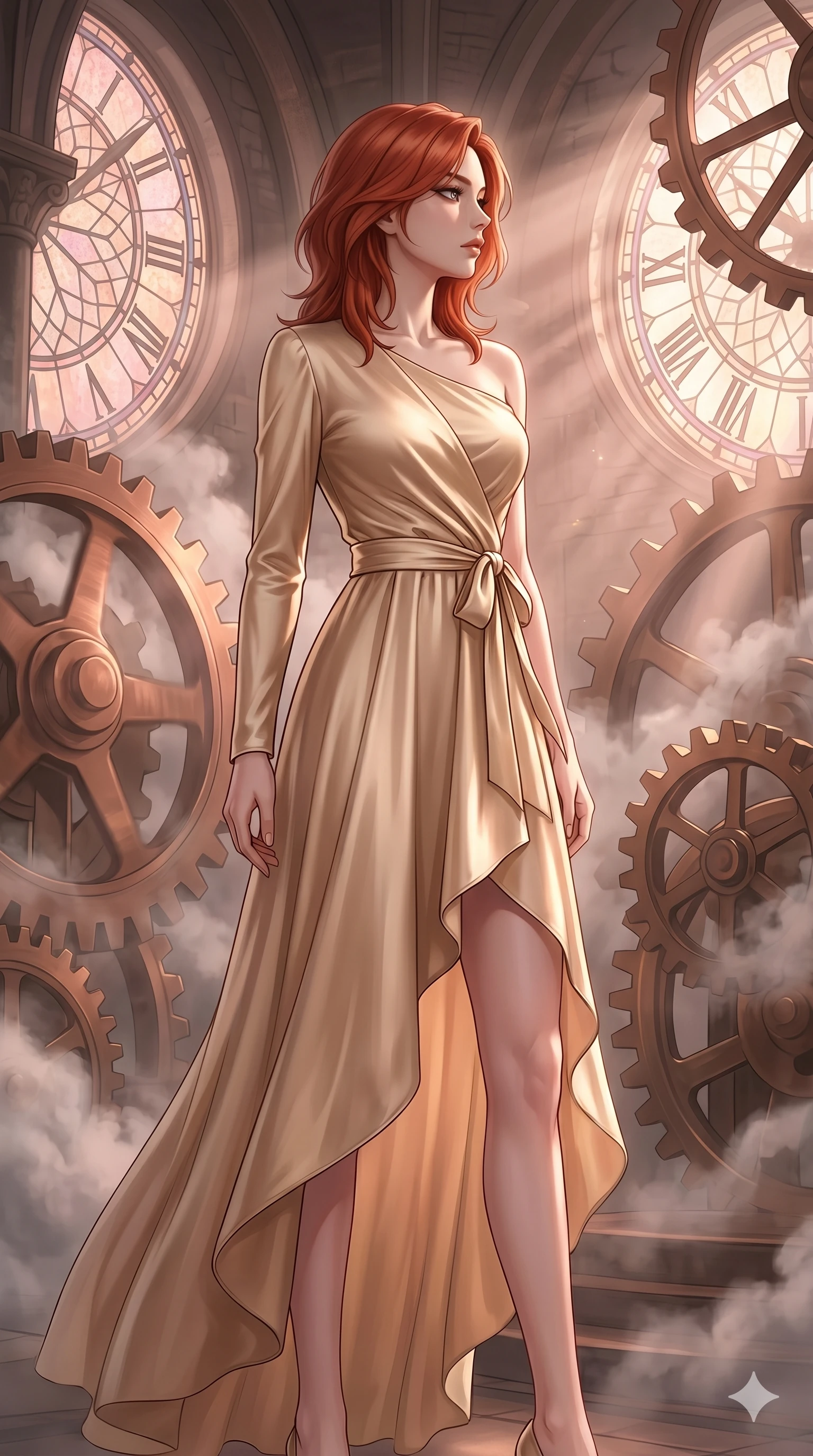 score_9, masterpiece, best quality, ultra-detailed, high-budget anime keyframe, editorial fashion photography, tasteful artistic composition, Korean woman. cowboy shot from the thighs up, character and outfit filling the frame for maximum editorial presence. Turning her face in sharp dramatic profile against the light inside an ancient clockwork cathedral where giant copper gears rotate amidst floating steam clouds. She has an absolutely perfect 8-heads proportion, an exceptionally tall and slender female figure with impossibly long slender legs and an ultra-slim waist. V-shaped jawline, high-bridge nose, intricate jewel-like eyes with depth, thick eyelashes, glossy lips with a natural sheen. wearing a champagne-gold asymmetric wrap dress in fluid satin with a single long sleeve, a sculpted collarbone line, and a self-tying sash that cinches the waist, falling to a high-low hemline. bathed in soft rose-gold dawn light filtering through atmospheric volumetric fog that wraps her silhouette. 2k, ultra detail, master piece, 9:16 ratio