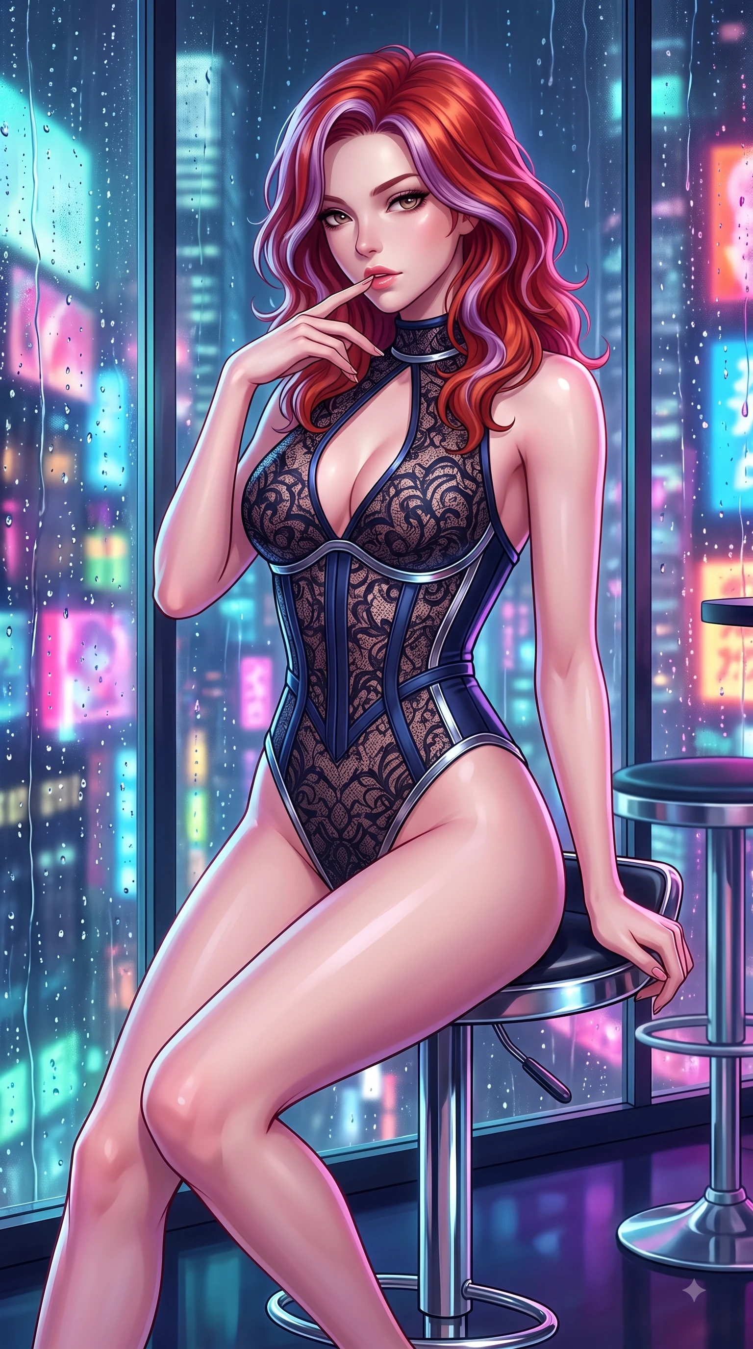 score_9, masterpiece, best quality, ultra-detailed, high-budget anime keyframe, editorial fashion photography, tasteful artistic composition, Caucasian woman. close-up cowboy shot from the waist and thighs up, the character dominates the composition, filling the frame with her large presence, background elements kept in soft focus. Resting two fingers near her glossy lips, casting a sharp mysterious side-gaze during her dynamic motion while perched on a sleek chrome barstool in a futuristic sky-lounge overlooking rain-slicked city streets, rain droplets glistening on the window glass with colorful neon city reflections. She has an exceptionally elegant, slender, and willowy female figure with an ultra-slim waist, a gracefully sculpted slender torso, and a refined silhouette. sharp v-shaped jawline, high-bridge nose, intricate jewel-like eyes with depth, thick eyelashes, glossy lips with a natural sheen, flawlessly proportioned anatomical accuracy, natural body alignment, perfectly sculpted elegant limbs, clean dynamic posture without body distortion. wearing a sheer dark lace pattern bodysuit with structured corsetry boning in midnight navy blue and chrome trim, formed from sleek second-skin neoprene, accented with a Tasteful chest slit framing her clavicle gracefully, the sleek second-skin texture accentuating her magnetic presence. surrounded by a high-energy, seductive cyberpunk nightlife ambiance. highly saturated vibrant anime colors, detailed shading with soft gradients, rich glossy textures, high-contrast stereoscopic depth, volumetric dynamic lighting, master piece, 9:16 ratio