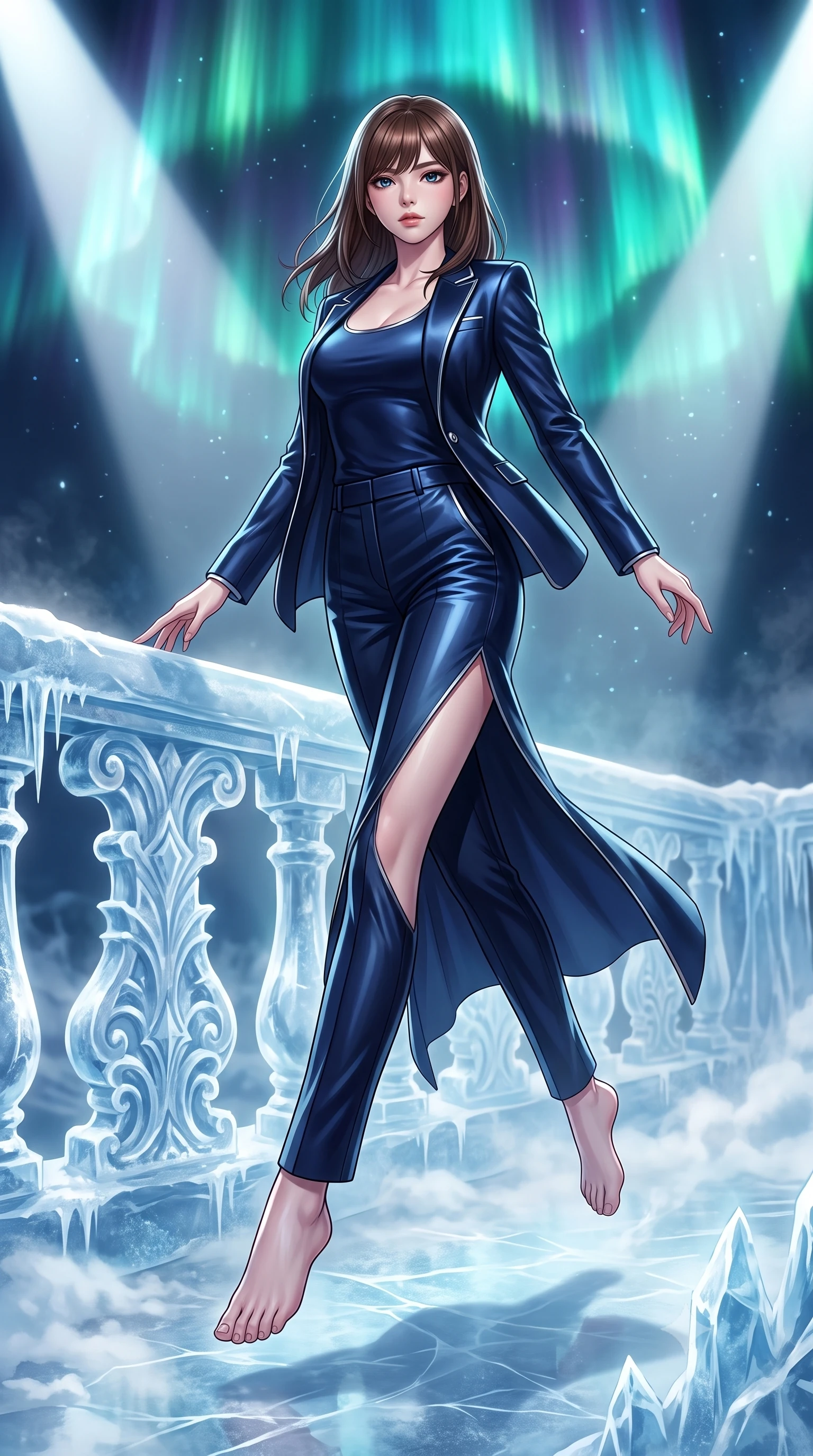 score_9, masterpiece, best quality, ultra-detailed, high-budget anime keyframe, editorial fashion photography, tasteful artistic composition, Korean woman. low angle full-body shot from head to toe showing her feet, filling the entire 9:16 vertical frame with her statuesque presence, stretching her vertical silhouette. leaping gracefully through mid-air with statuesque elegance, her impossibly long slender legs stretched in perfect balance while resting her fingers gracefully near a carved ice balustrade as frosty mist drifts nearby, dramatic opera spotlights casting sharp dynamic shadows across the frozen stage. She has an absolutely perfect, statuesque 8.5-heads proportion, an exceptionally tall and slender model-like female figure with impossibly long slender legs and an ultra-slim waist. sharp v-shaped jawline, high-bridge nose, intricate jewel-like eyes with depth, thick eyelashes, glossy lips with a natural sheen, flawlessly proportioned anatomical accuracy, natural body alignment, perfectly sculpted elegant limbs, clean dynamic posture without body distortion. wearing a tailored silk blazer over a form-contouring scoop-neck top and slacks in midnight navy blue and chrome trim, tailored from high-gloss patent leather, finished with a sleek side slit ascending to mid-thigh, the sleek second-skin texture accentuating her magnetic presence. bathed in crisp silver moonlight and vivid cyan-green polar aurora backlighting. highly saturated vibrant anime colors, detailed shading with soft gradients, rich glossy textures, high-contrast stereoscopic depth, volumetric dynamic lighting, master piece, 9:16 ratio