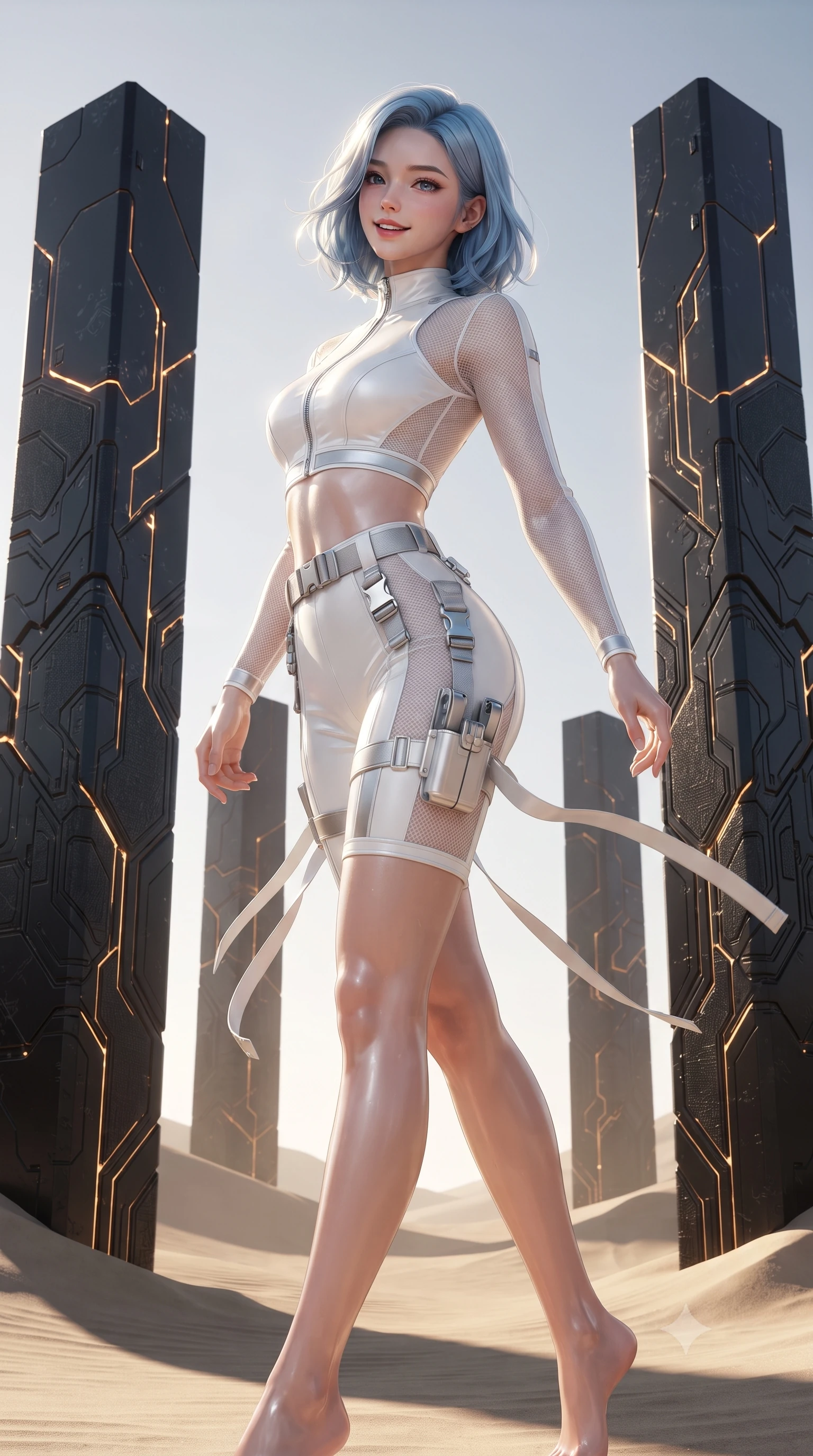 score_9, masterpiece, best quality, ultra-detailed, high-budget anime keyframe, editorial fashion photography, tasteful artistic composition, Korean woman. low angle full-body shot from head to toe showing her feet, filling the entire 9:16 vertical frame with her statuesque presence, stretching her vertical silhouette. executing a cheerful mid-motion pivot turn as her tactical belt and ribbons flutter around her slender legs, glancing over her shoulder with an intoxicating, teasing bedroom-gaze while standing poised between colossal black obsidian monoliths rising from alien dunes, arching her back with sovereign ancient-future grace. The surrounding environment is rendered in vivid detail and crisp panoramic clarity: detailed armor plate texture, golden sunburst highlights on hair, and monumental monolith architecture in razor-sharp clarity. She has an absolutely perfect, statuesque 8.5-heads proportion, an exceptionally tall and slender model-like female figure with impossibly long slender legs, an ultra-slim waist, a flat toned midriff, narrow delicate ribcage, and beautifully sculpted feminine hips creating a graceful, slim hourglass silhouette without any bulky heaviness. sharp v-shaped jawline, high-bridge nose, intricate jewel-like sparkling eyes with depth, thick eyelashes, glossy parted lips with a natural sheen, bright confident smile with an enchanting and coquettish sensual glint, exuding both youthful magnetic charm and sovereign high-tech allure, flawlessly proportioned anatomical accuracy, strict slender model proportions, natural body alignment, perfectly sculpted long slender limbs, ultra-slim waistline, clean dynamic posture without body distortion. wearing a sleek two-piece combat athletic set with a zip-front mock-neck crop top and contouring biker shorts hugging her curvy hips in pure alabaster white and brushed silver accents, crafted from sheer technical cyber-lace reinforced with ultra-thin Kevlar threads, finished with polished chrome buckle hardware and modular magnetic holster clasps, the liquid-tight tailored fabric clinging flawlessly to her narrow waist and rounded feminine hips, emphasizing every millimeter of her sculpted slim hourglass curves without any bulky heaviness. illuminated by glowing monolith circuit veins and sharp golden-amber rim lights sculpting her razor-sharp jawline, narrow waist, and curvy hips. ultra-reflective glossy finish, specular highlights, rich textural contrasts, high-contrast stereoscopic depth, volumetric dynamic lighting, 2k, ultra detail, master piece, 9:16 ratio