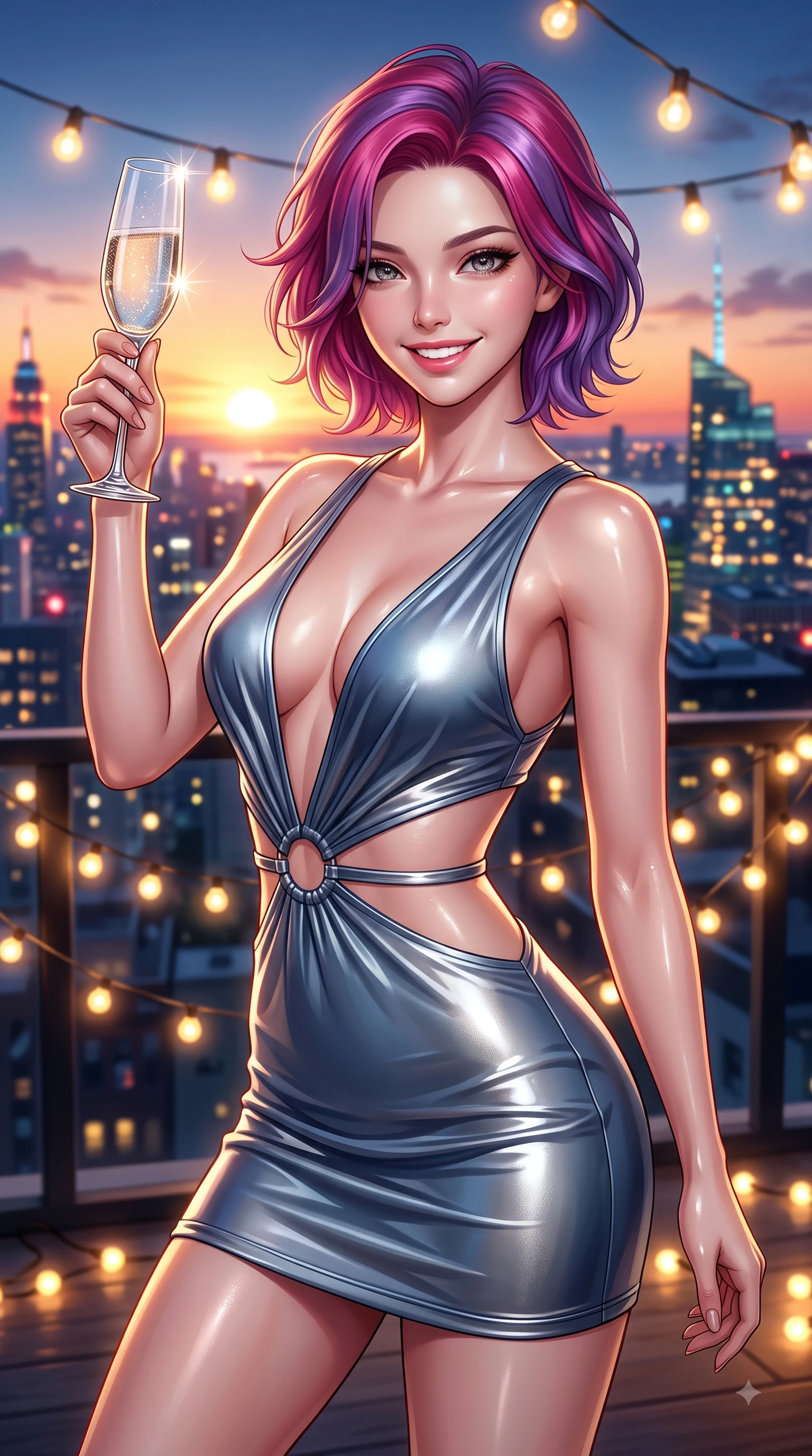score_9, masterpiece, best quality, ultra-detailed, high-budget anime keyframe, editorial fashion photography, tasteful artistic composition, Caucasian woman. close-up cowboy shot from the waist and thighs up, the character dominates the composition, filling the frame with her large presence, background elements kept in soft focus. Radiant bright smile with sparkling eyes directed right into the lens, her torso turning in a dynamic S-curve alignment while raising a crystal glass with a radiant bright smile during a sunset rooftop celebration, glistening city lights and warm string fairy lamps creating rich ambient bokeh. She has an exceptionally elegant, slender, and willowy female figure with an ultra-slim waist, a gracefully sculpted slender torso, and a refined silhouette. sharp v-shaped jawline, high-bridge nose, intricate jewel-like eyes with depth, thick eyelashes, glossy lips with a natural sheen, flawlessly proportioned anatomical accuracy, natural body alignment, perfectly sculpted elegant limbs, clean dynamic posture without body distortion. wearing a liquid mercury gloss mini dress with ultra-deep V-neck and waist cutouts in slate blue and metallic silver, crafted from lustrous satin jersey with fluid draping, accented with delicate chrome ring hardware framing her waist, the elegant draped fit framing her graceful clavicle and slender torso. surrounded by an electric, joyful party atmosphere with high specular shine. ultra-reflective glossy finish, specular highlights, metallic sheen, high-contrast stereoscopic depth, volumetric dynamic lighting, 2k, ultra detail, master piece, 9:16 ratio