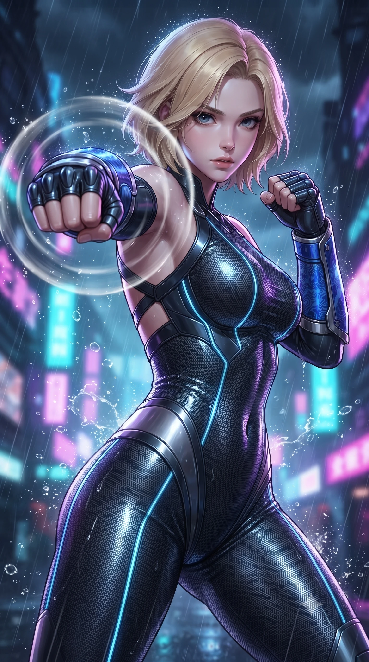 score_9, masterpiece, best quality, ultra-detailed, high-budget anime keyframe, editorial fashion photography, tasteful artistic composition, Caucasian woman. close-up cowboy shot from the waist and thighs up, the character dominates the composition, filling the frame with her large presence. thrusting a high-speed kinetic punch toward the camera, a visible conical shockwave distortion wrapping around her sleek carbon forearm while arching her spine in a fluid combat stance against raging typhoon winds as neon city lights pulse through the storm. The composition keeps background elements in soft focus with creamy bokeh. sparkling shockwave condensation rings and splashing raindrops scattering radiant light across a dark backdrop. She has an exceptionally elegant, slender, and willowy female figure with an ultra-slim waist, a gracefully sculpted slender torso, toned flat midriff, and a refined slim silhouette. sharp v-shaped jawline, high-bridge nose, intricate jewel-like eyes with depth, thick eyelashes, glossy lips with a natural sheen, flawlessly proportioned anatomical accuracy, strict slender model proportions, natural body alignment, perfectly sculpted long slender limbs, ultra-slim waistline, clean dynamic posture without body distortion. wearing an aerodynamic dark titanium carbon-mesh jumper with glowing blue fiber lines and reinforced Damascus-pattern arm guards in electric cobalt blue carbon with polished platinum trim, tailored from flexible second-skin carbon-mesh that clings flawlessly to her athletic curves, complemented by criss-cross back harness straps highlighting her completely bare spine, the sleek second-skin cut tightly hugging her graceful clavicle, narrow waist, and feminine curves with athletic precision. illuminated by crisp white key lighting with sharp specular highlights tracing her sculpted flat midriff and waist. ultra-reflective glossy finish, specular highlights, dark metallic sheen, high-contrast stereoscopic depth, volumetric dynamic lighting, 2k, ultra detail, master piece, 9:16 ratio